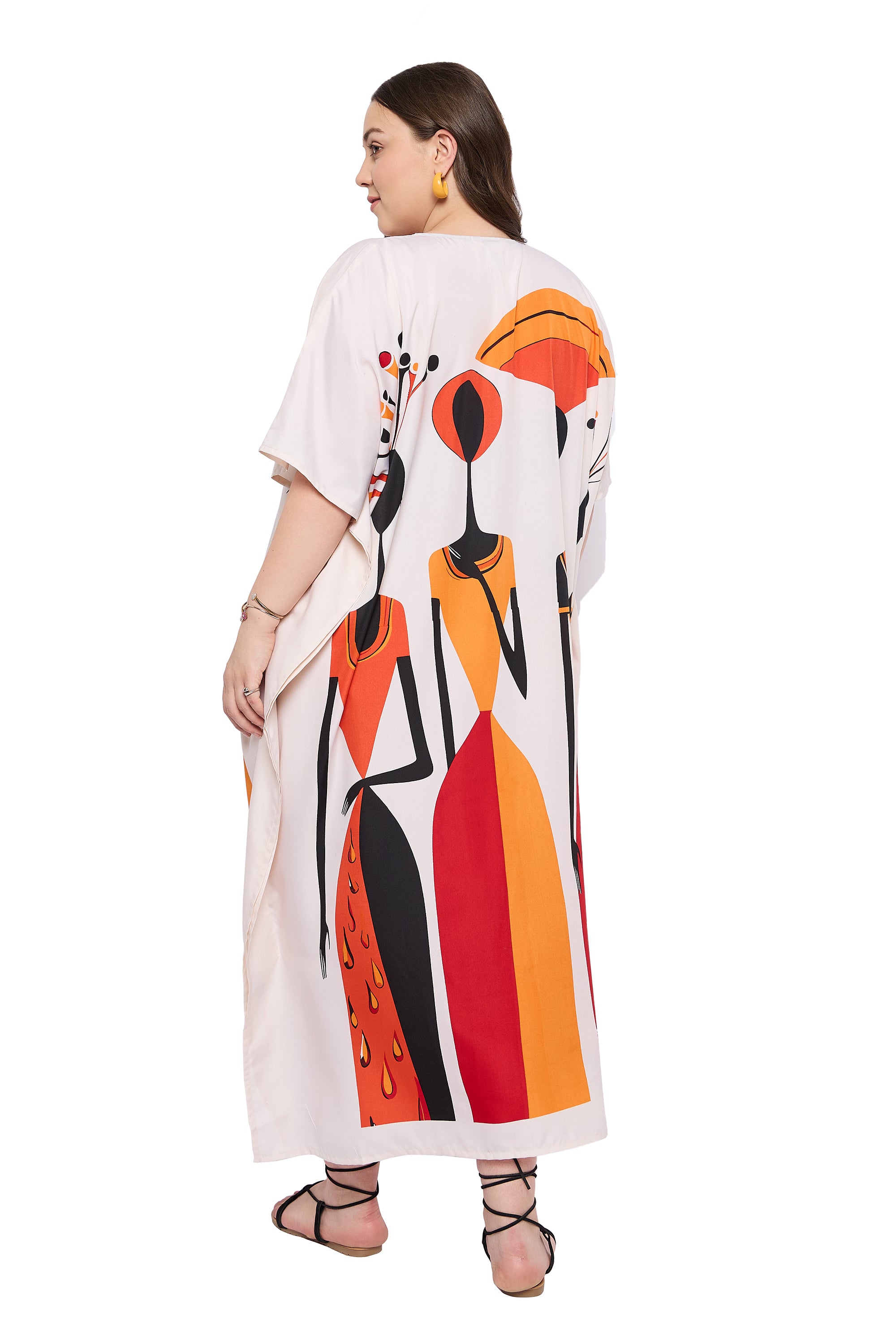 Lady Print Polyester off White Plus Size Beach Kaftan Dress For Women