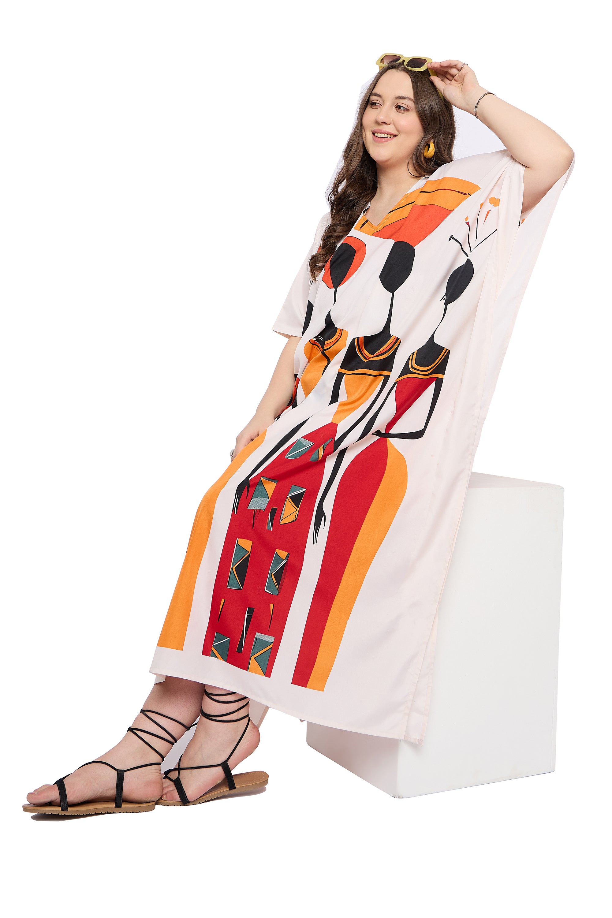Lady Print Polyester off White Plus Size Beach Kaftan Dress For Women