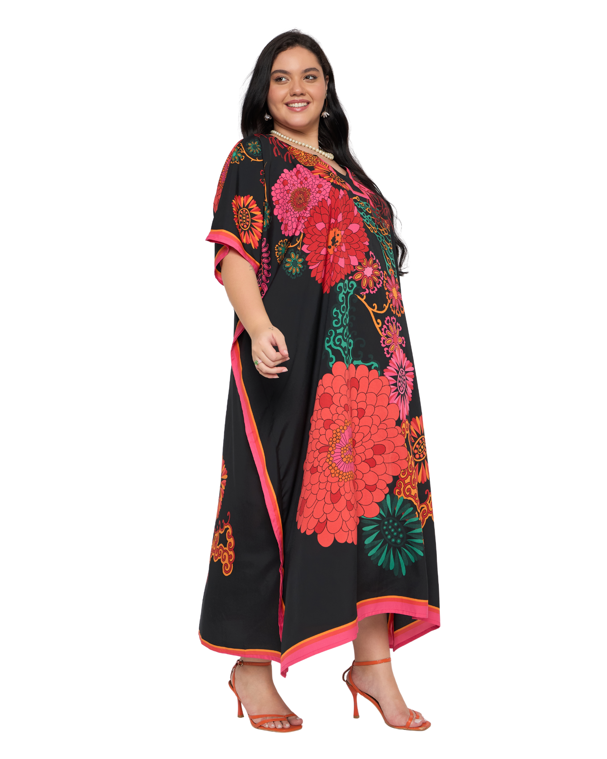 Black Floral Polyester Plus Size Kaftan Dress for Women