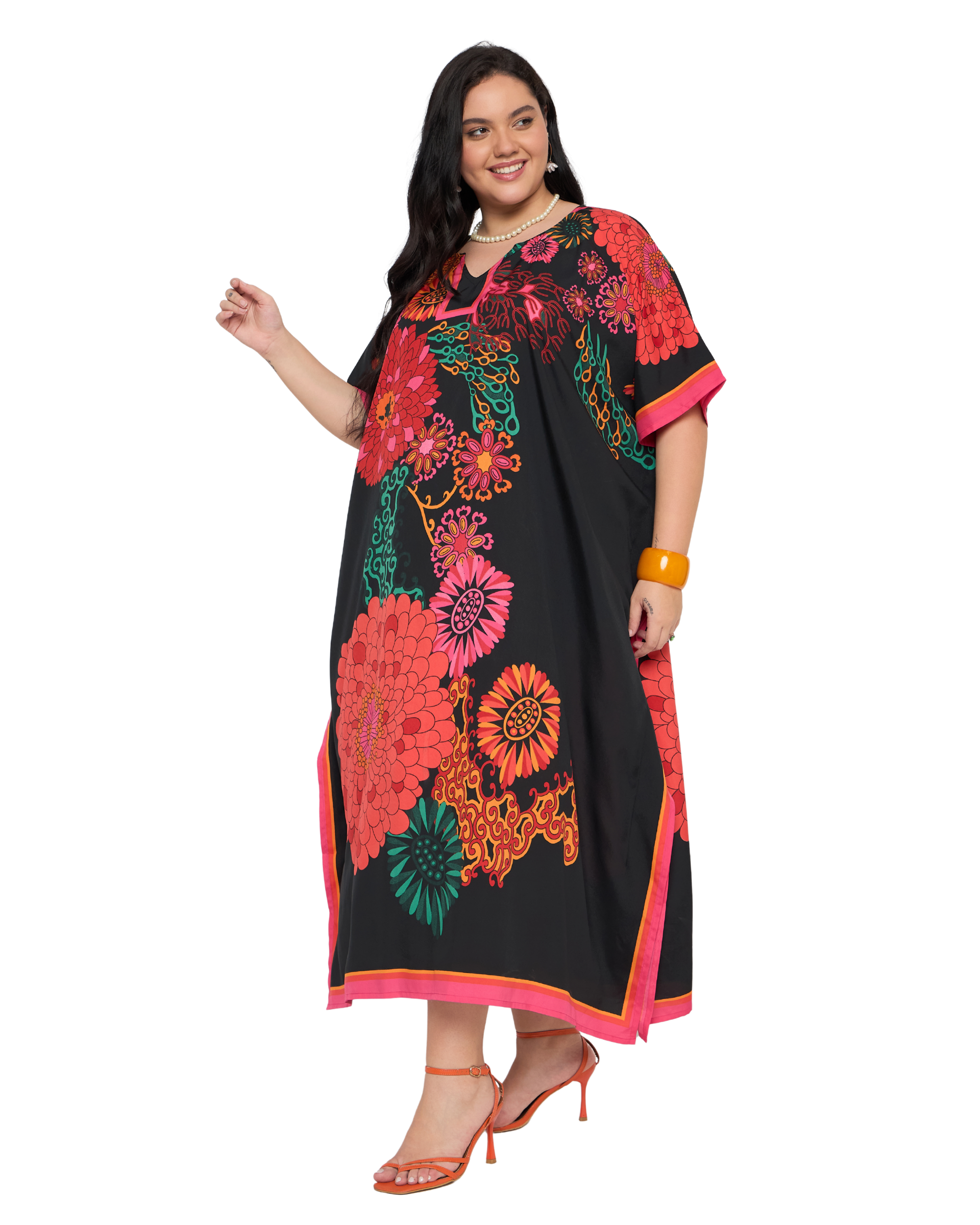 Black Floral Polyester Plus Size Kaftan Dress for Women
