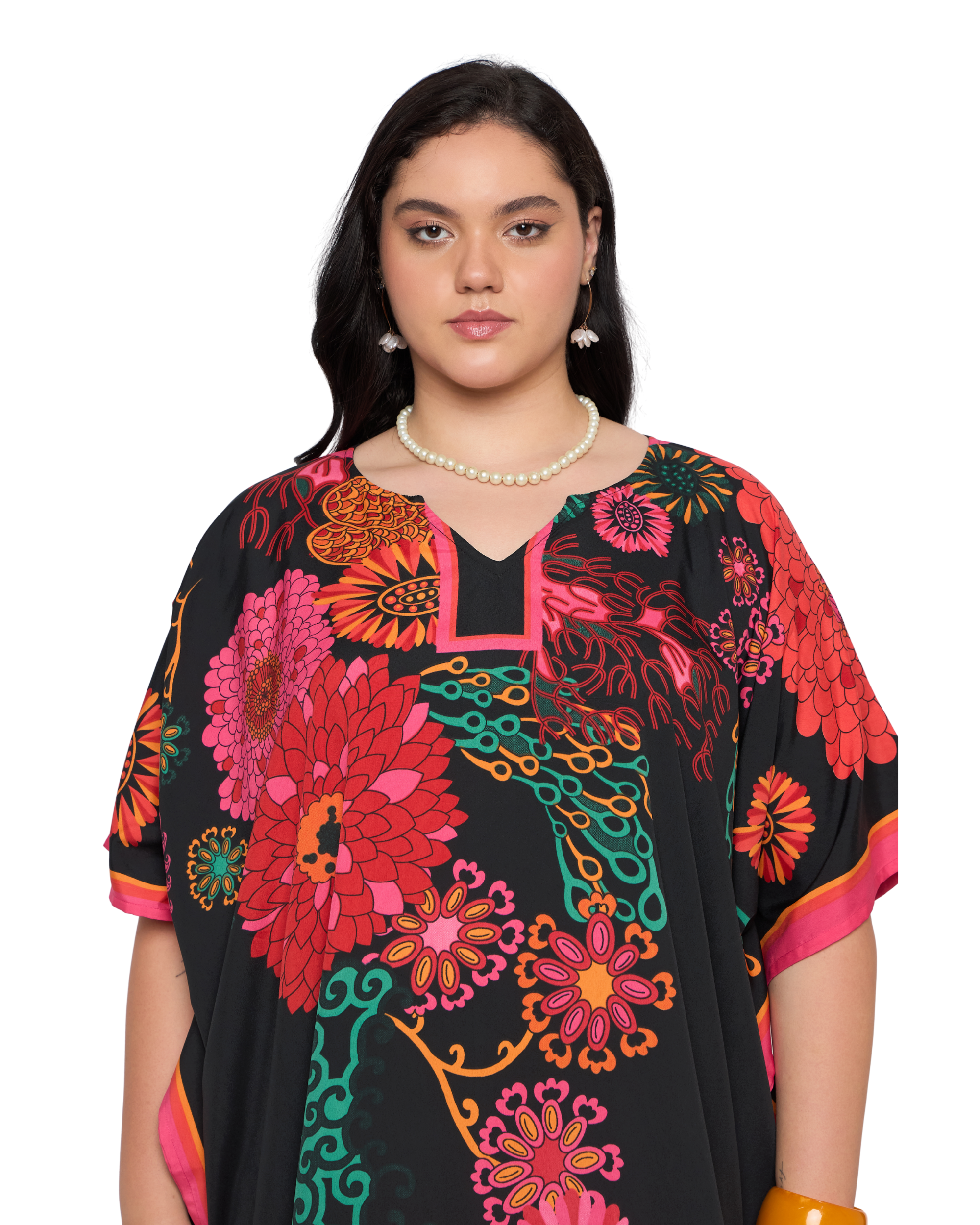Black Floral Polyester Plus Size Kaftan Dress for Women