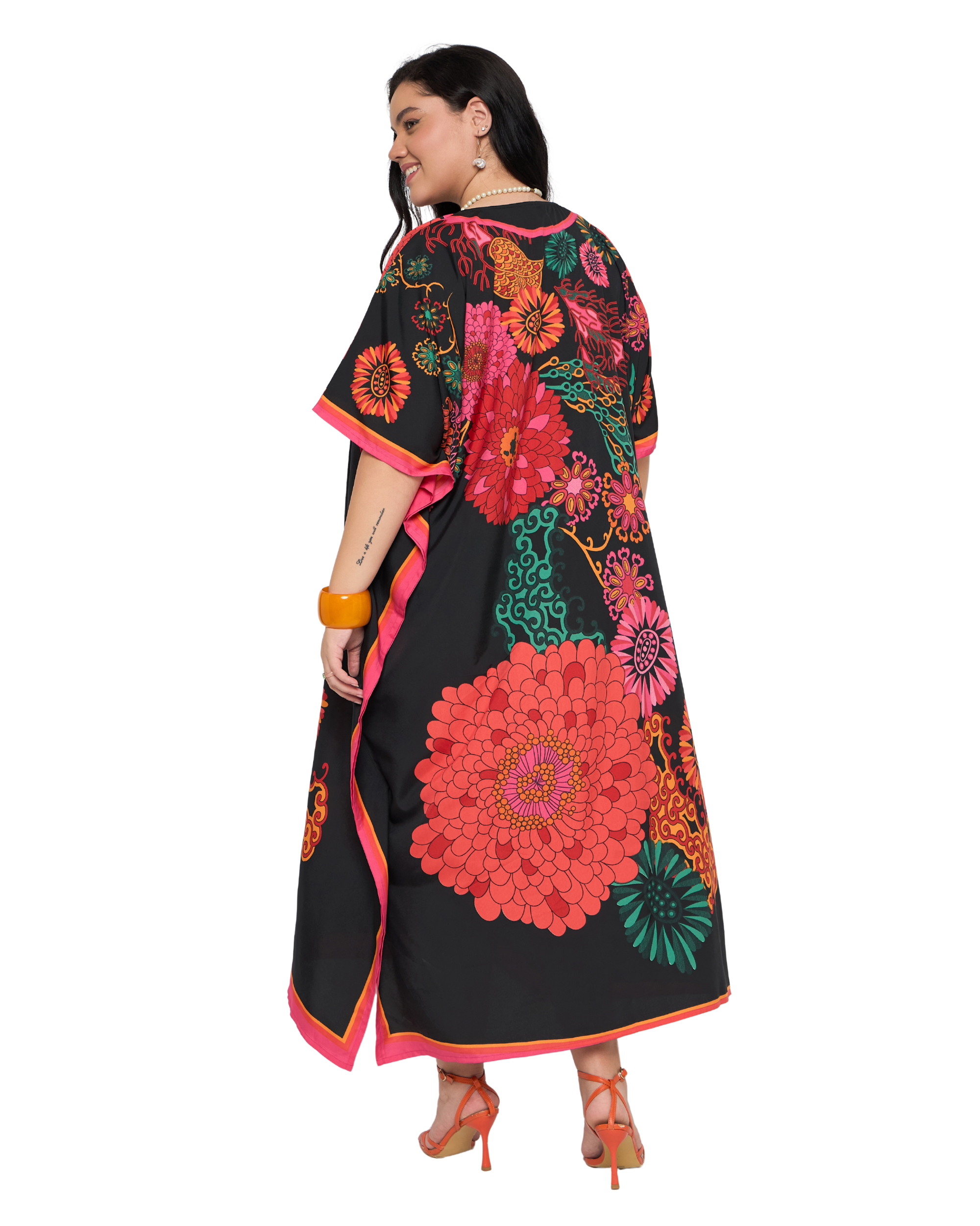 Black Floral Polyester Plus Size Kaftan Dress for Women
