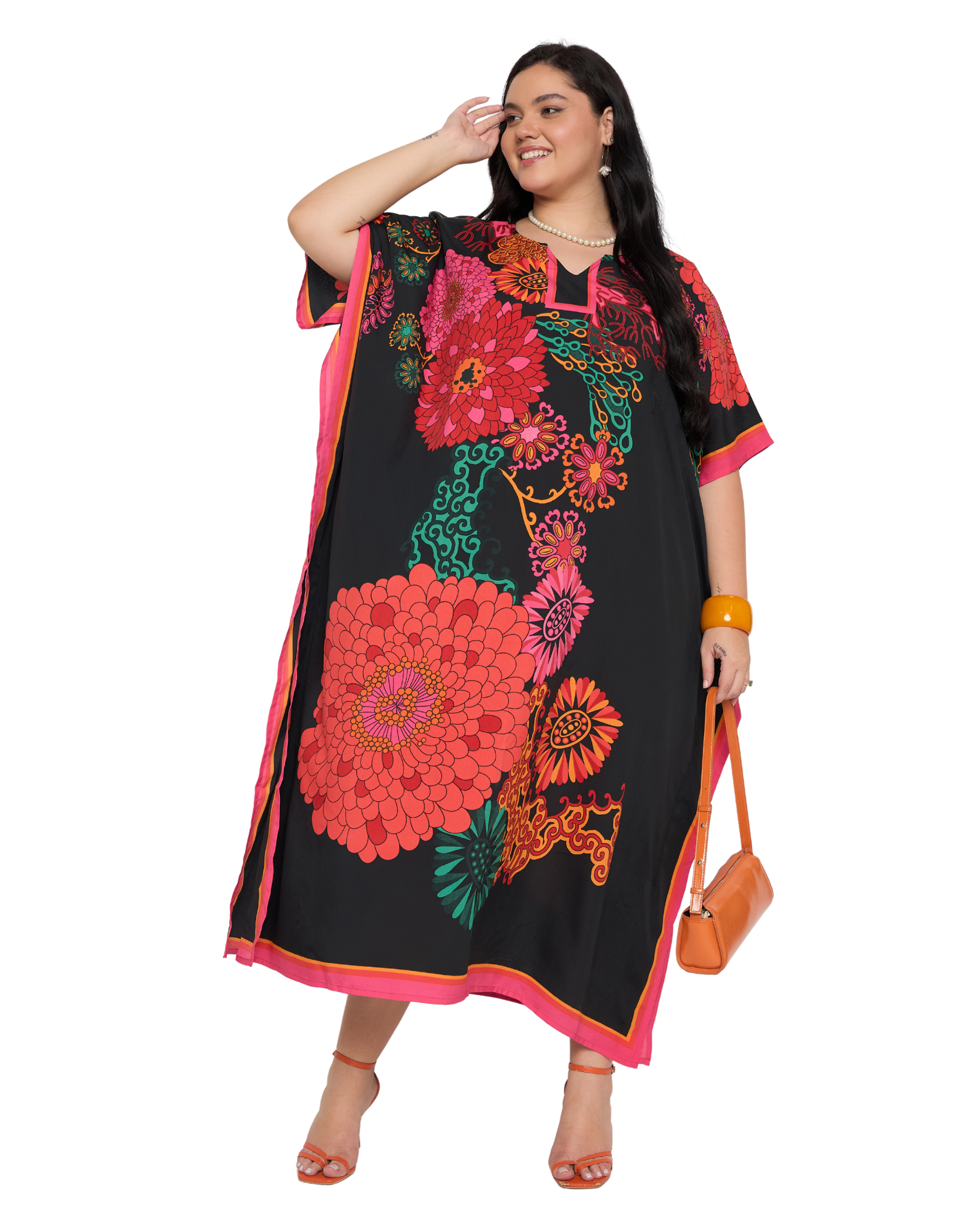 Black Floral Polyester Plus Size Kaftan Dress for Women