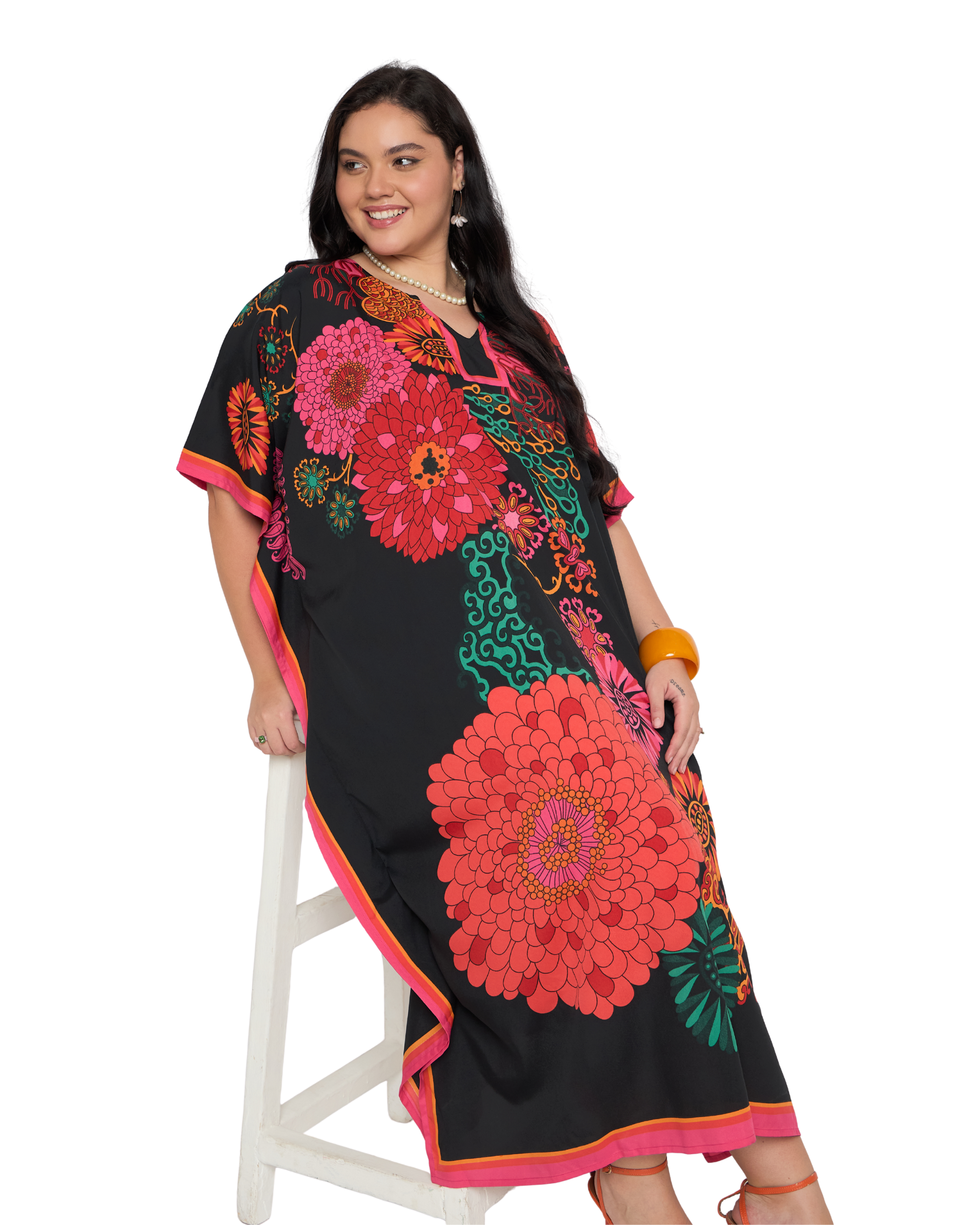 Black Floral Polyester Plus Size Kaftan Dress for Women
