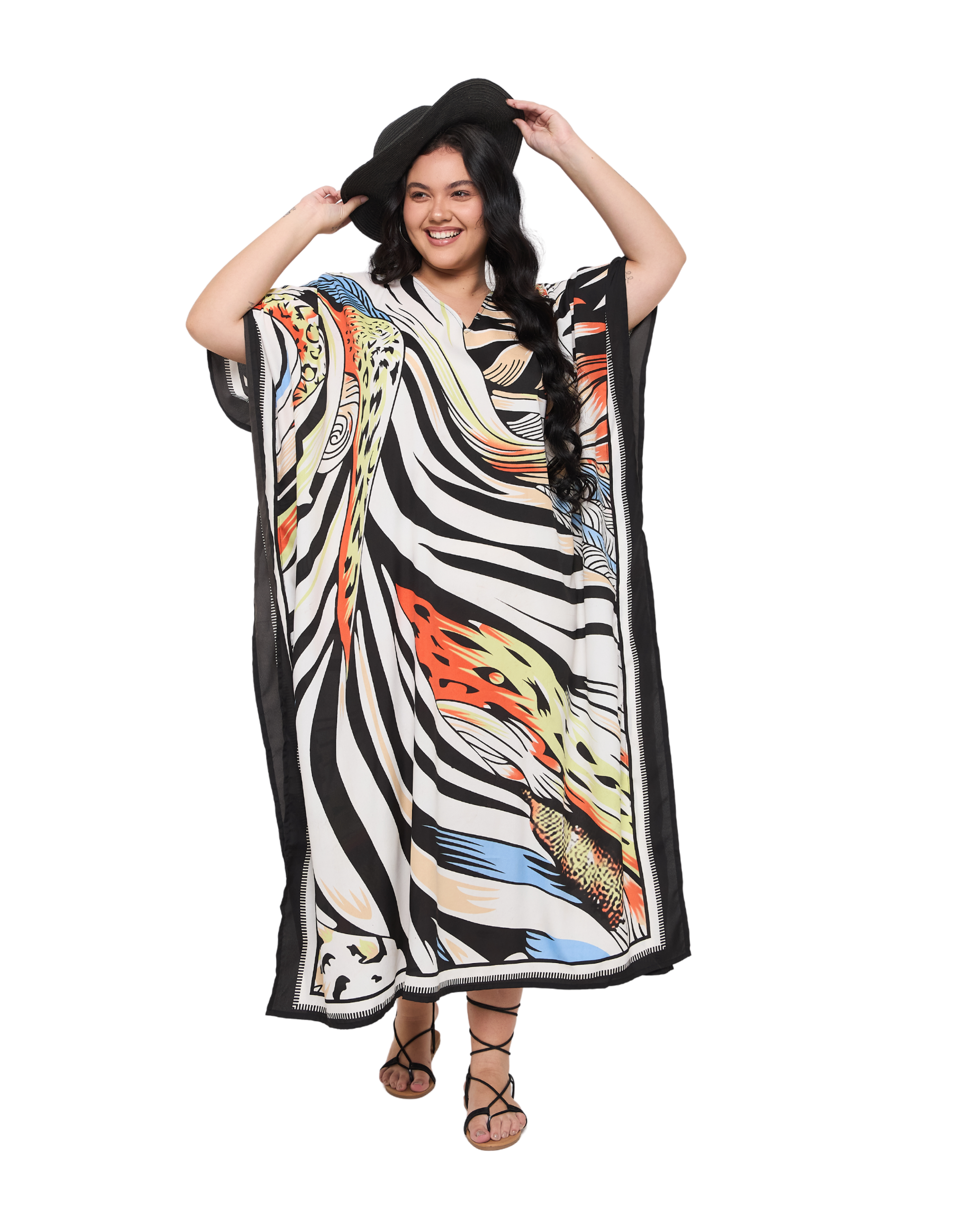 Zebra Striped White Polyester Plus Size Kaftan Dress for Ladies