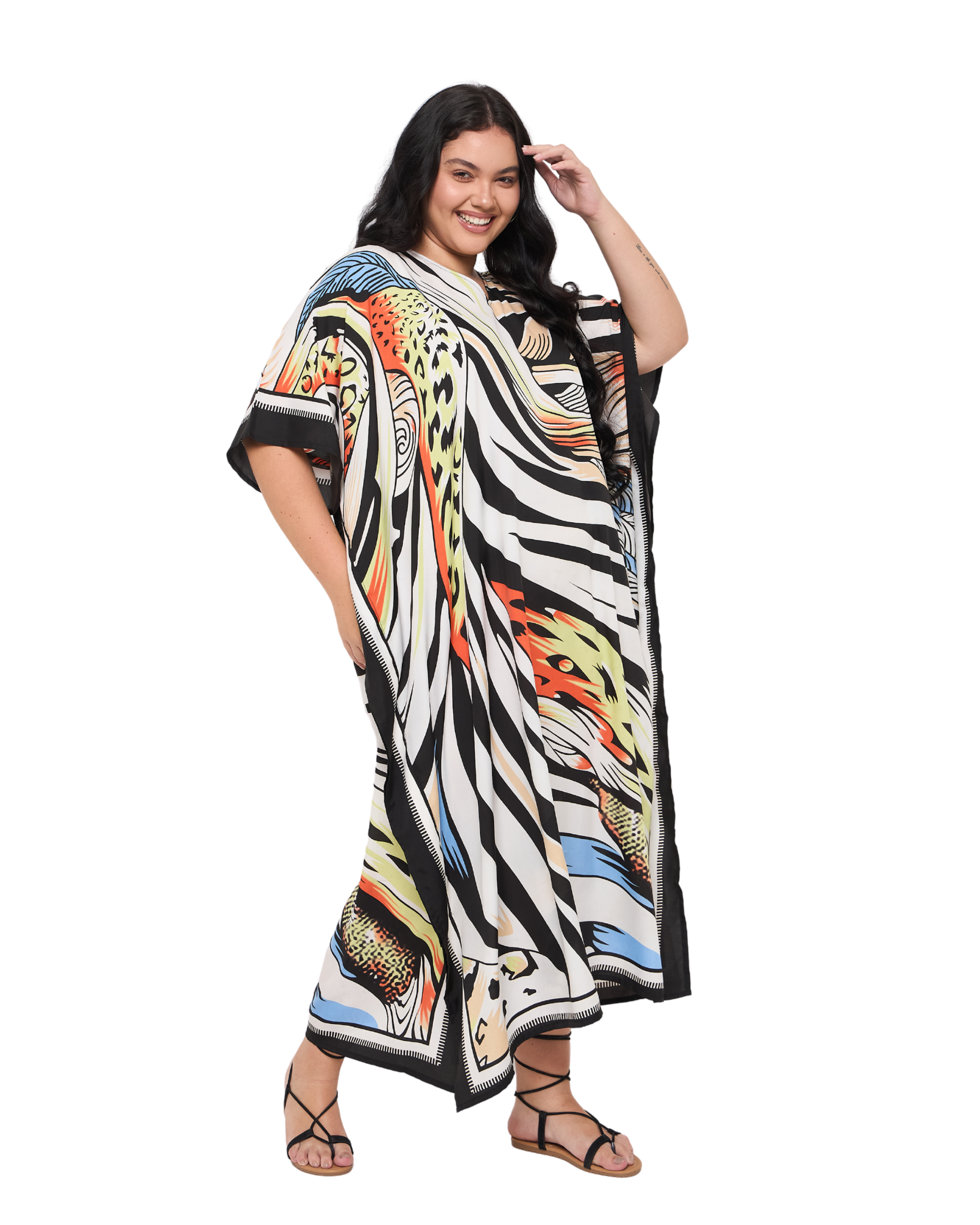 Zebra Striped White Polyester Plus Size Kaftan Dress for Ladies