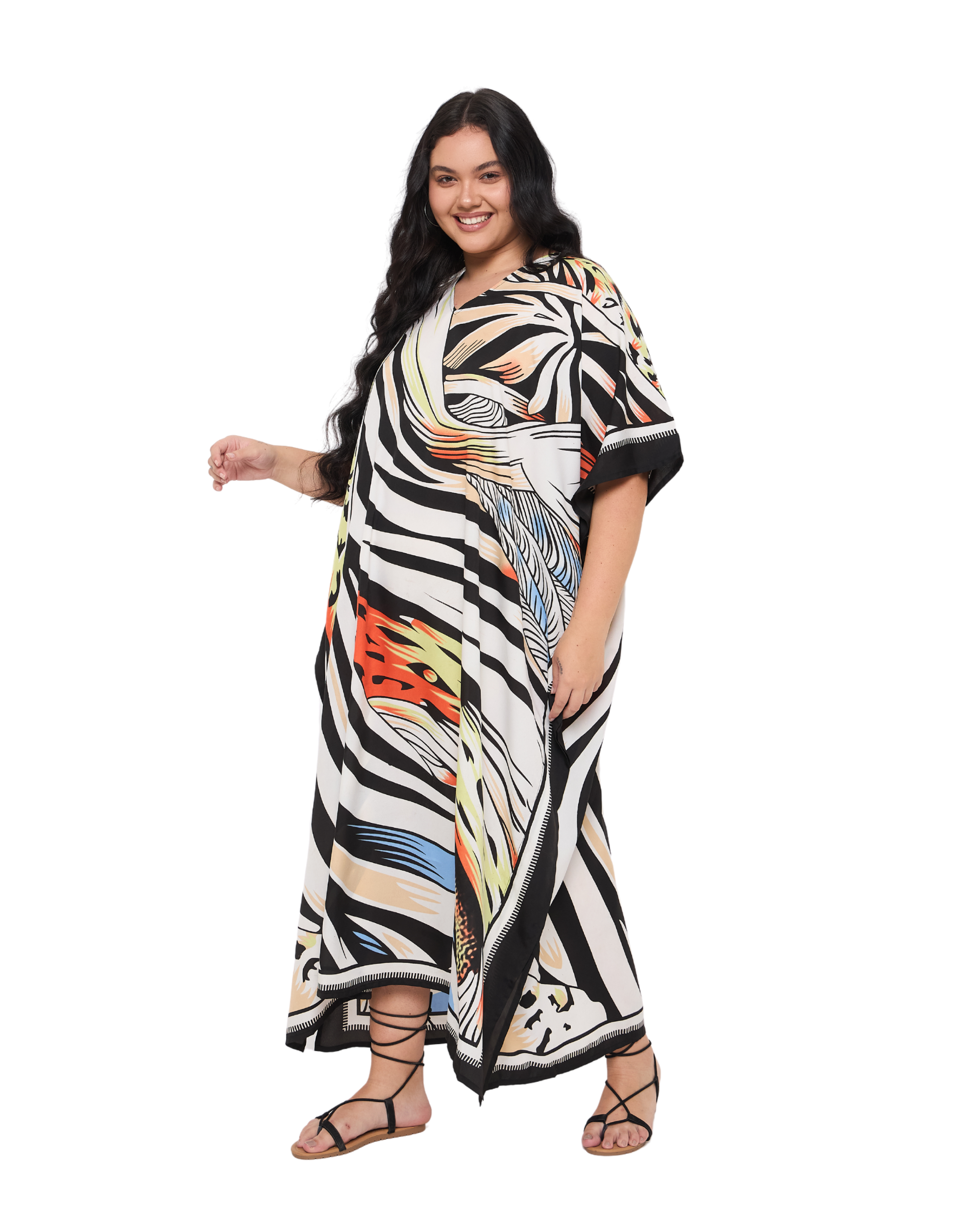 Zebra Striped White Polyester Plus Size Kaftan Dress for Ladies