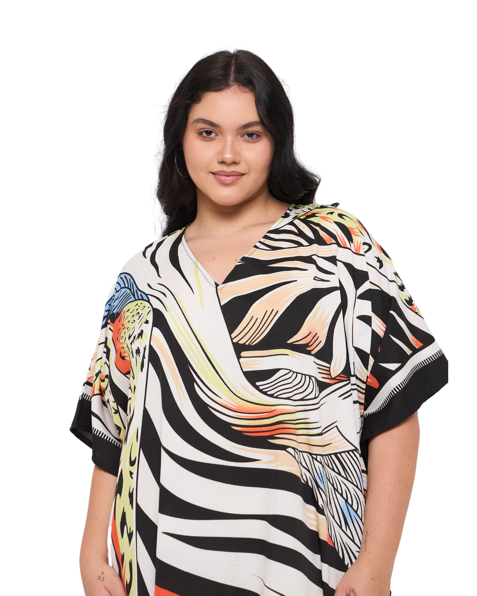 Zebra Striped White Polyester Plus Size Kaftan Dress for Ladies