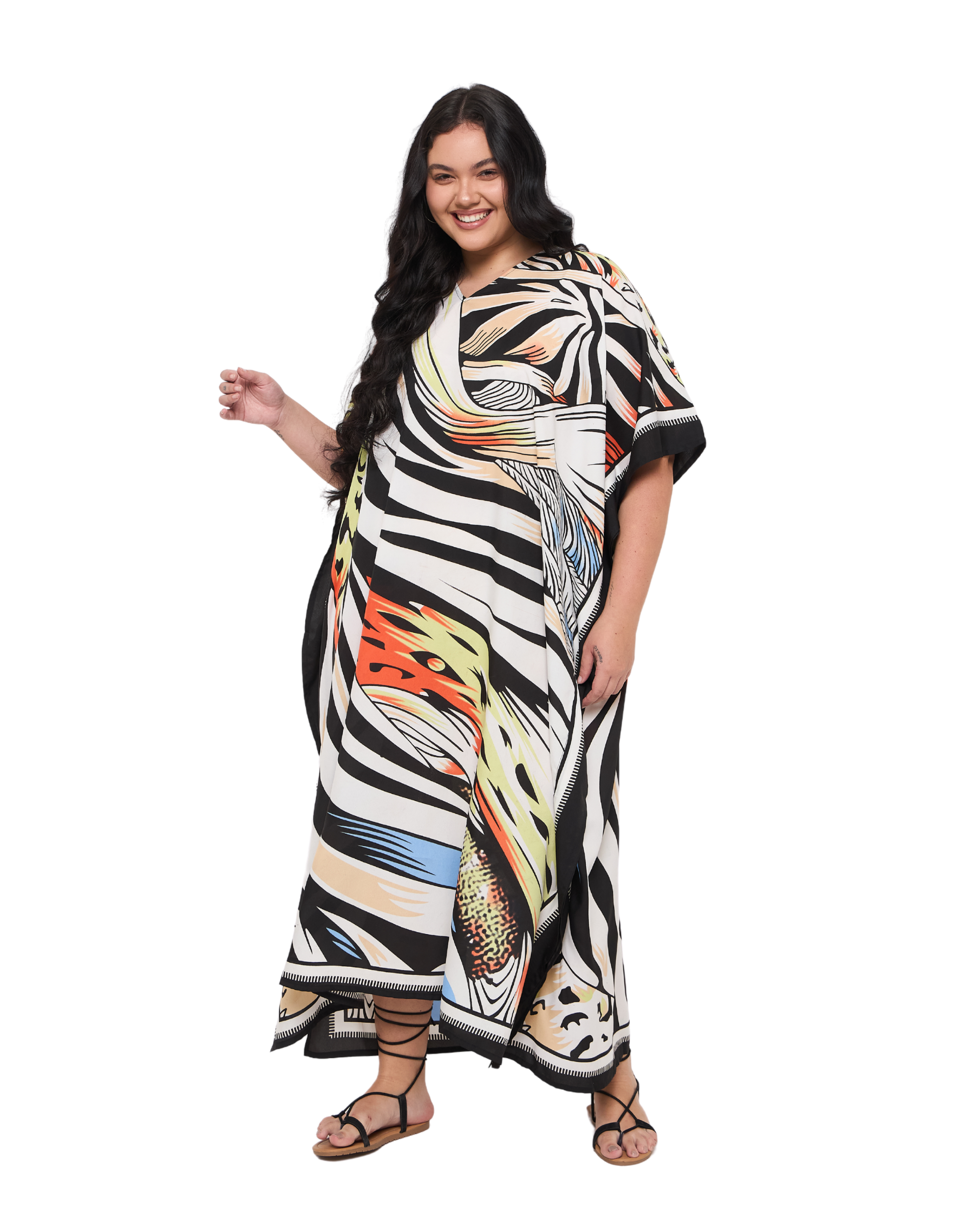 Zebra Striped White Polyester Plus Size Kaftan Dress for Ladies