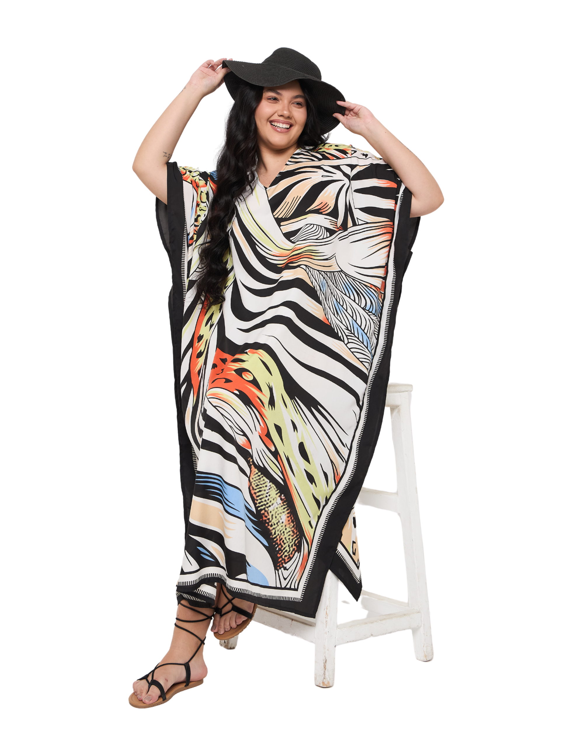 Zebra Striped White Polyester Plus Size Kaftan Dress for Ladies