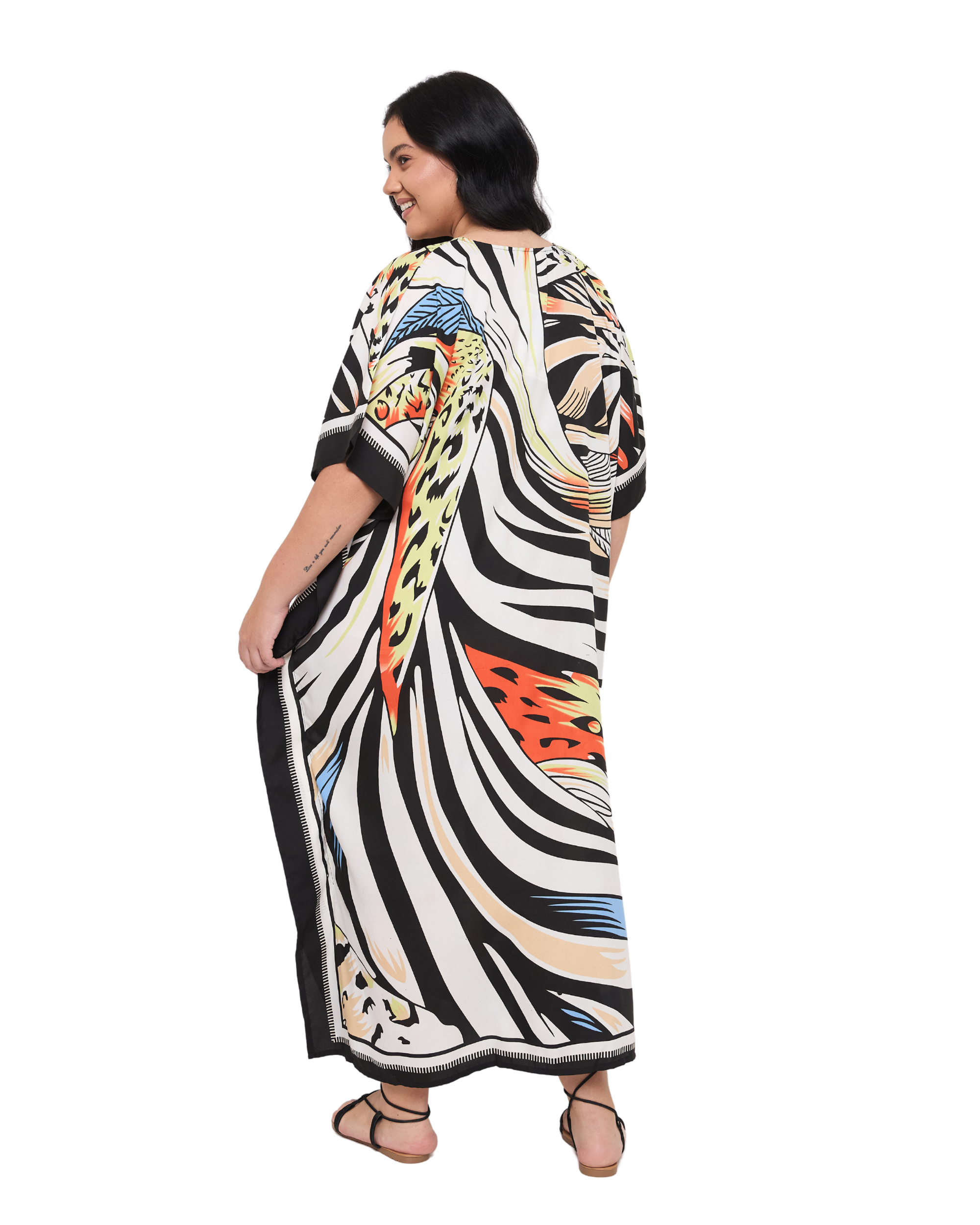 Zebra Striped White Polyester Plus Size Kaftan Dress for Ladies