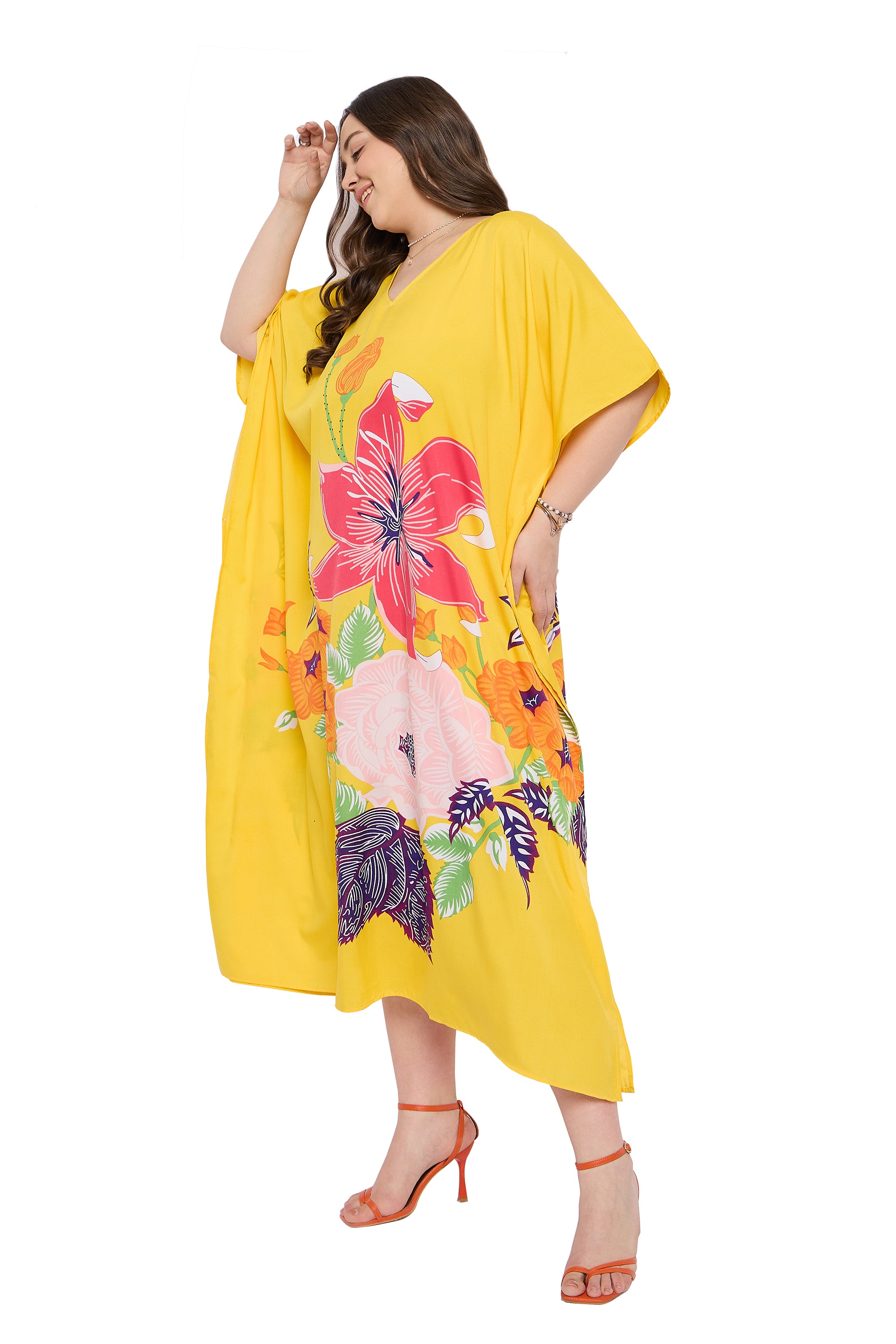 Yellow Floral Women Plus Size kaftan Dress for Beach Pool Side Party