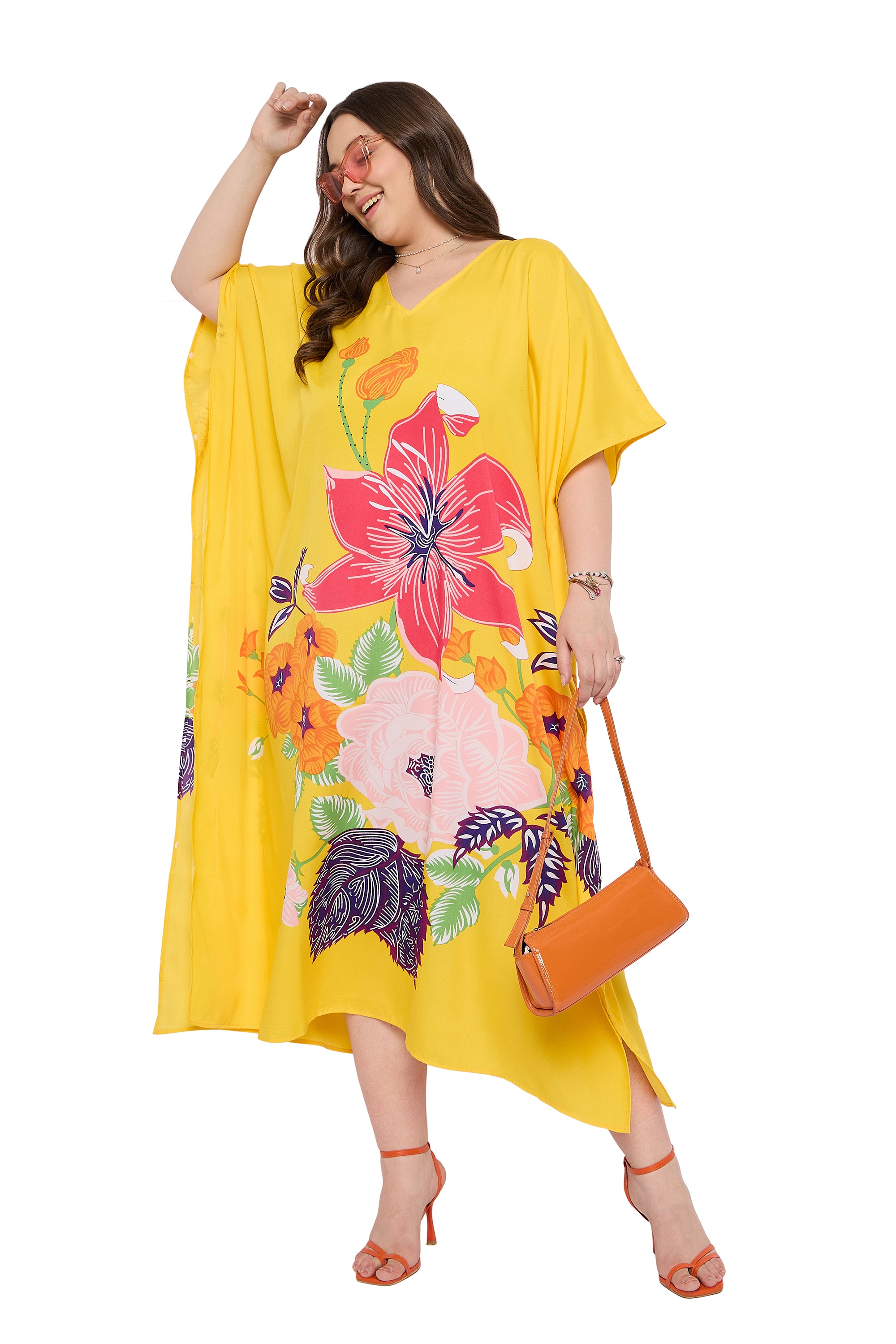 Yellow Floral Women Plus Size kaftan Dress for Beach Pool Side Party