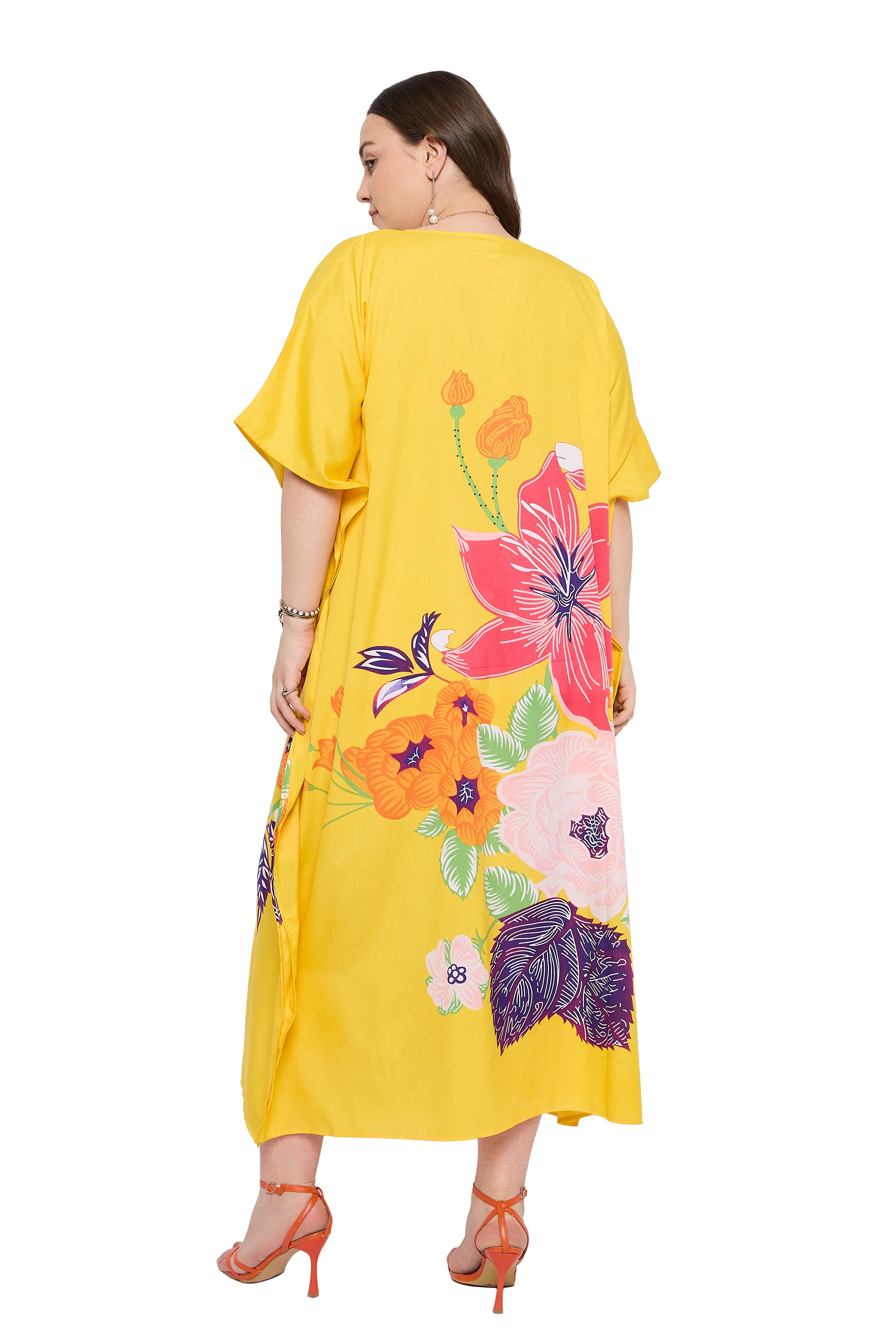 Yellow Floral Women Plus Size kaftan Dress for Beach Pool Side Party