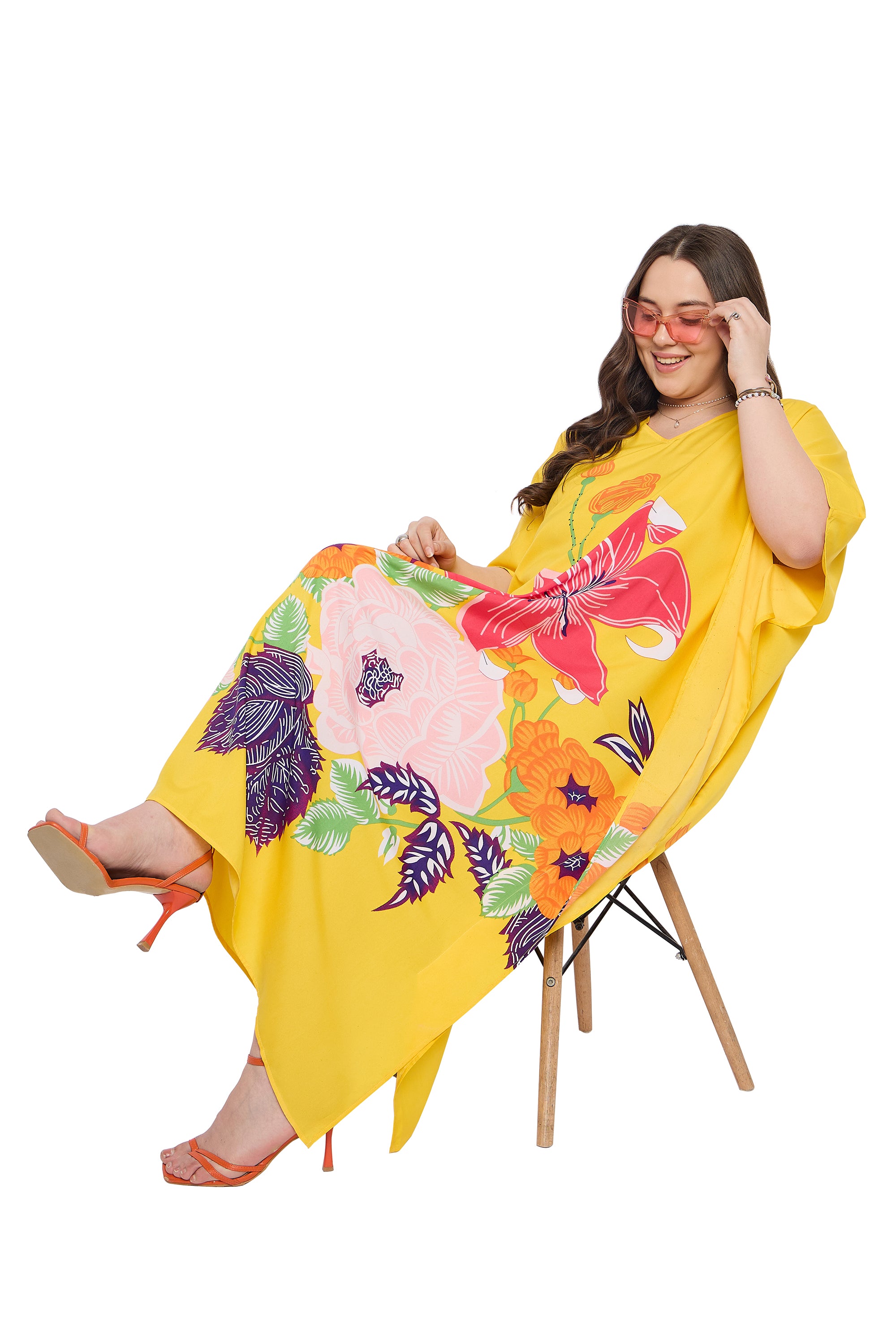 Yellow Floral Women Plus Size kaftan Dress for Beach Pool Side Party