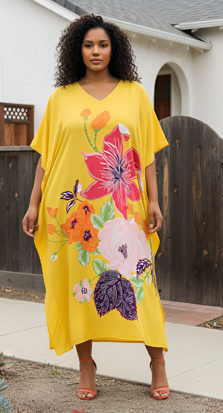 Yellow Floral Women Plus Size kaftan Dress for Beach