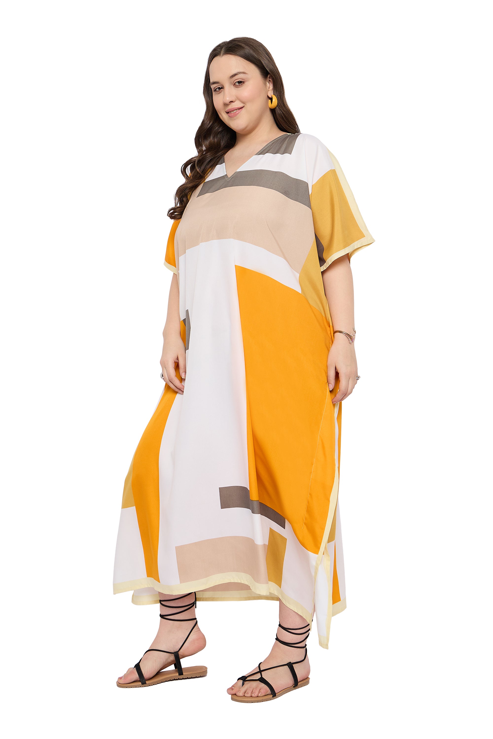 Multicolour Polyester Women Plus Size Long Kaftan Dress