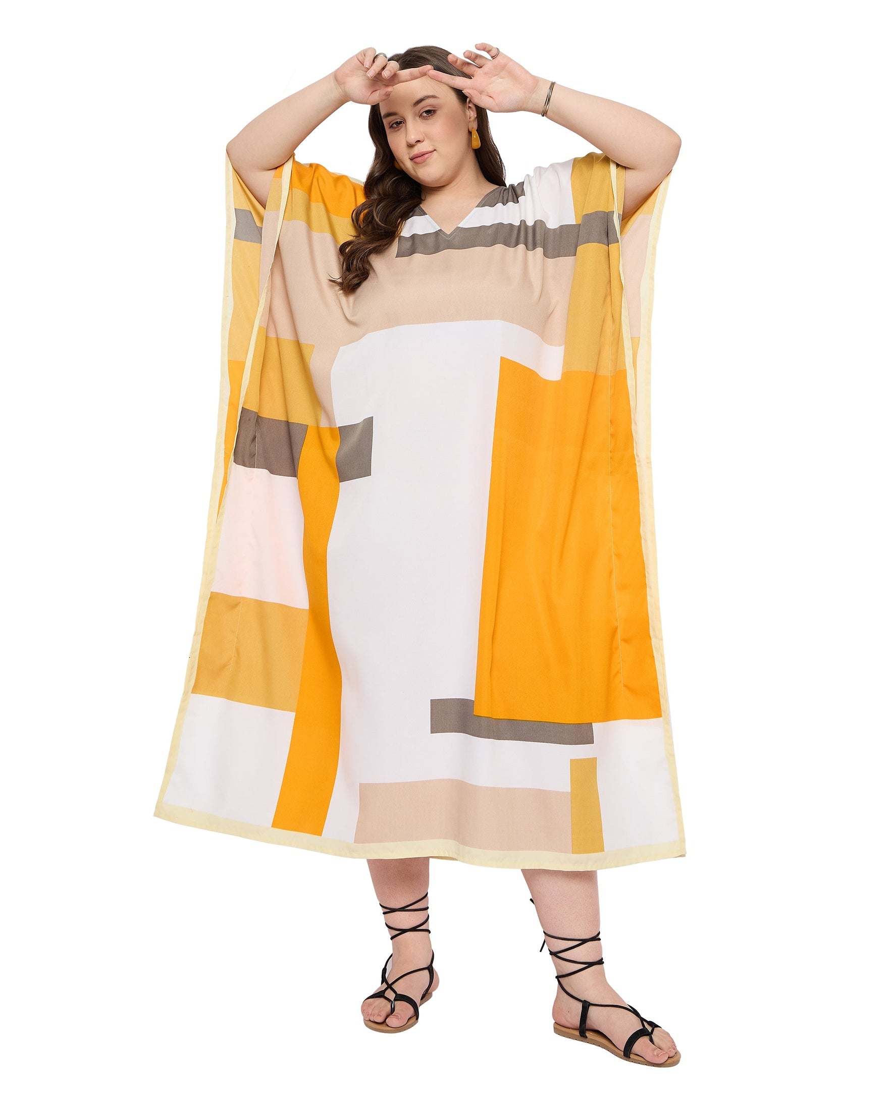 Multicolour Polyester Women Plus Size Long Kaftan Dress