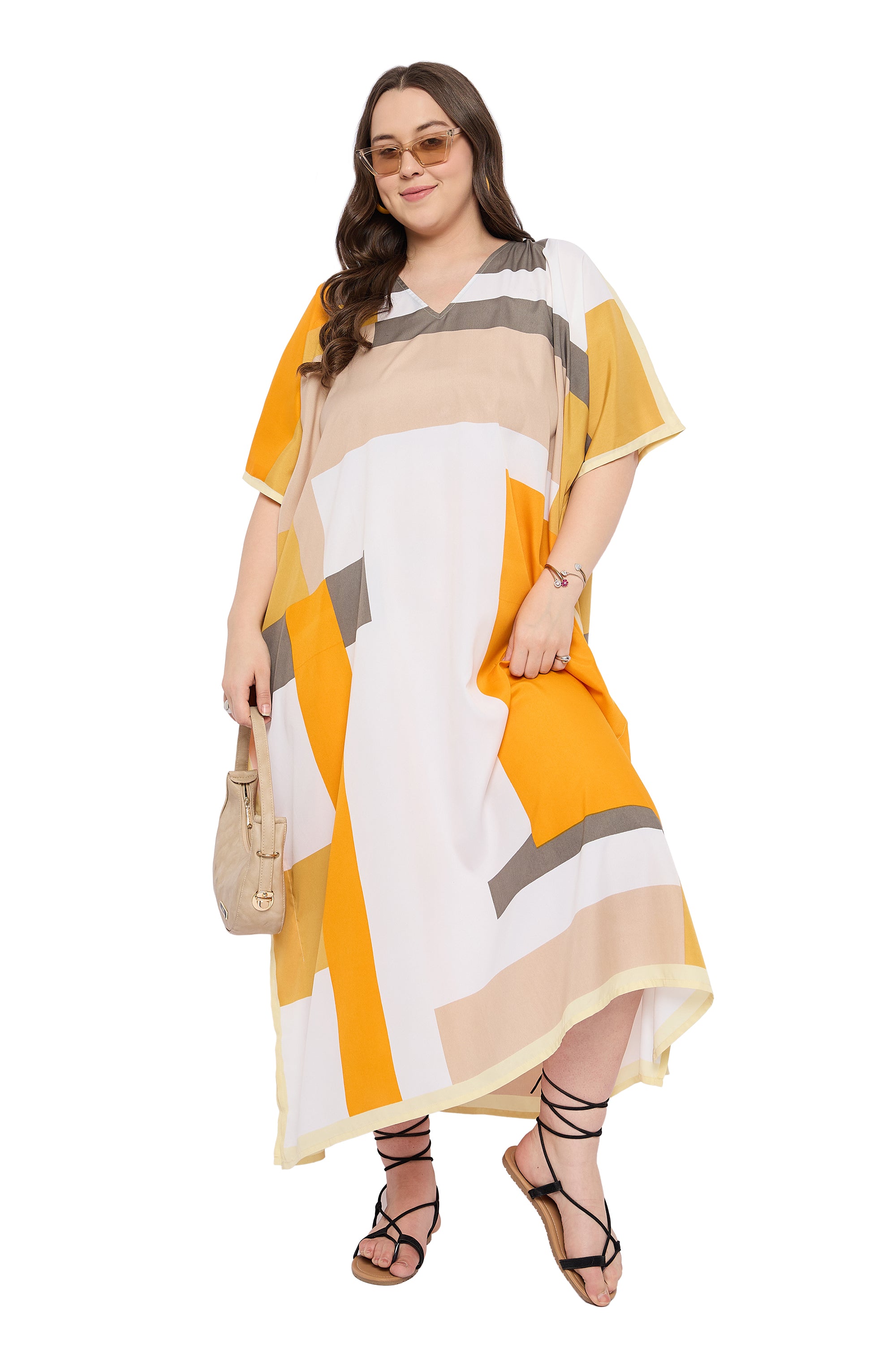 Multicolour Polyester Women Plus Size Long Kaftan Dress
