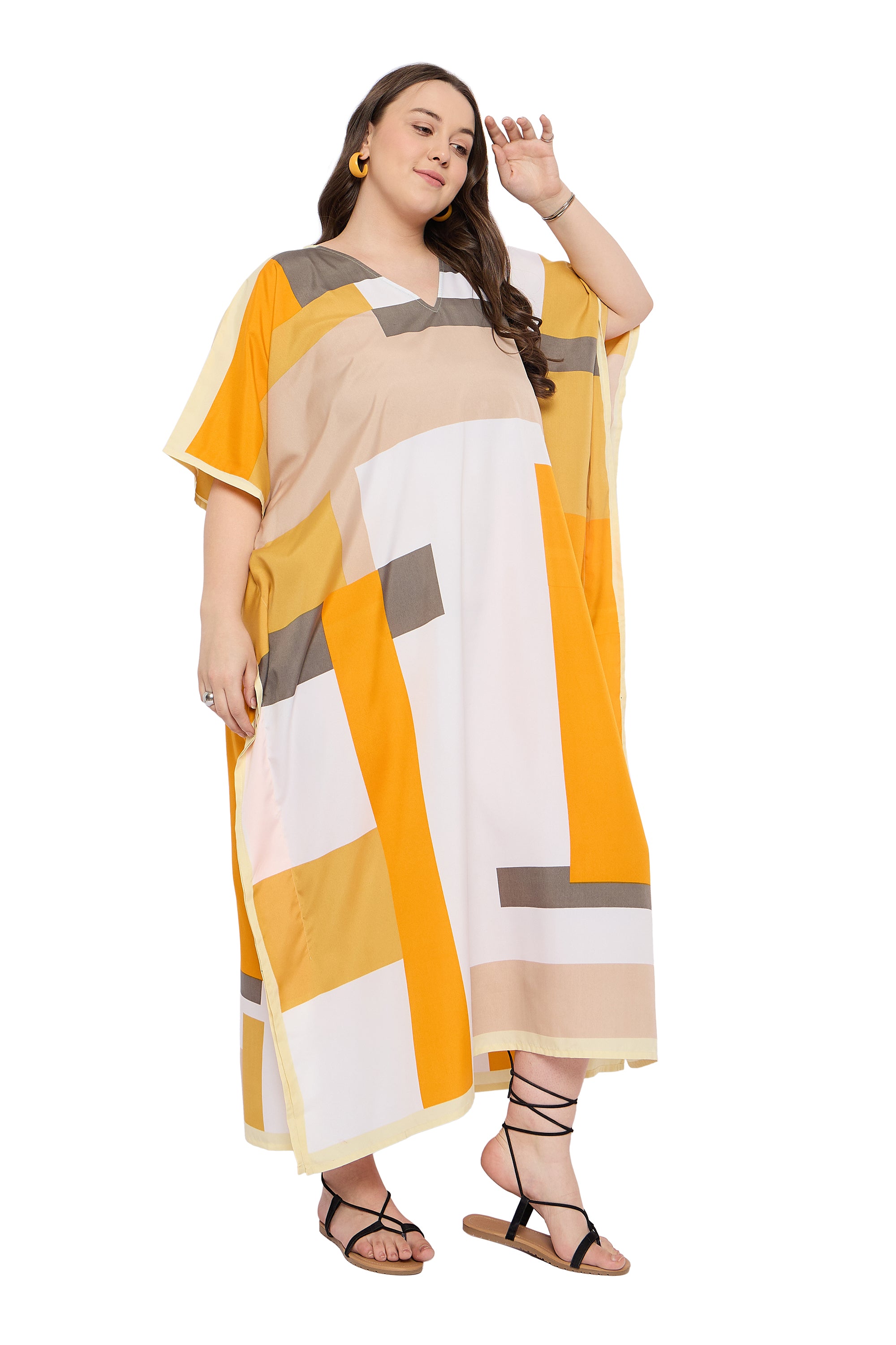 Multicolour Polyester Women Plus Size Long Kaftan Dress