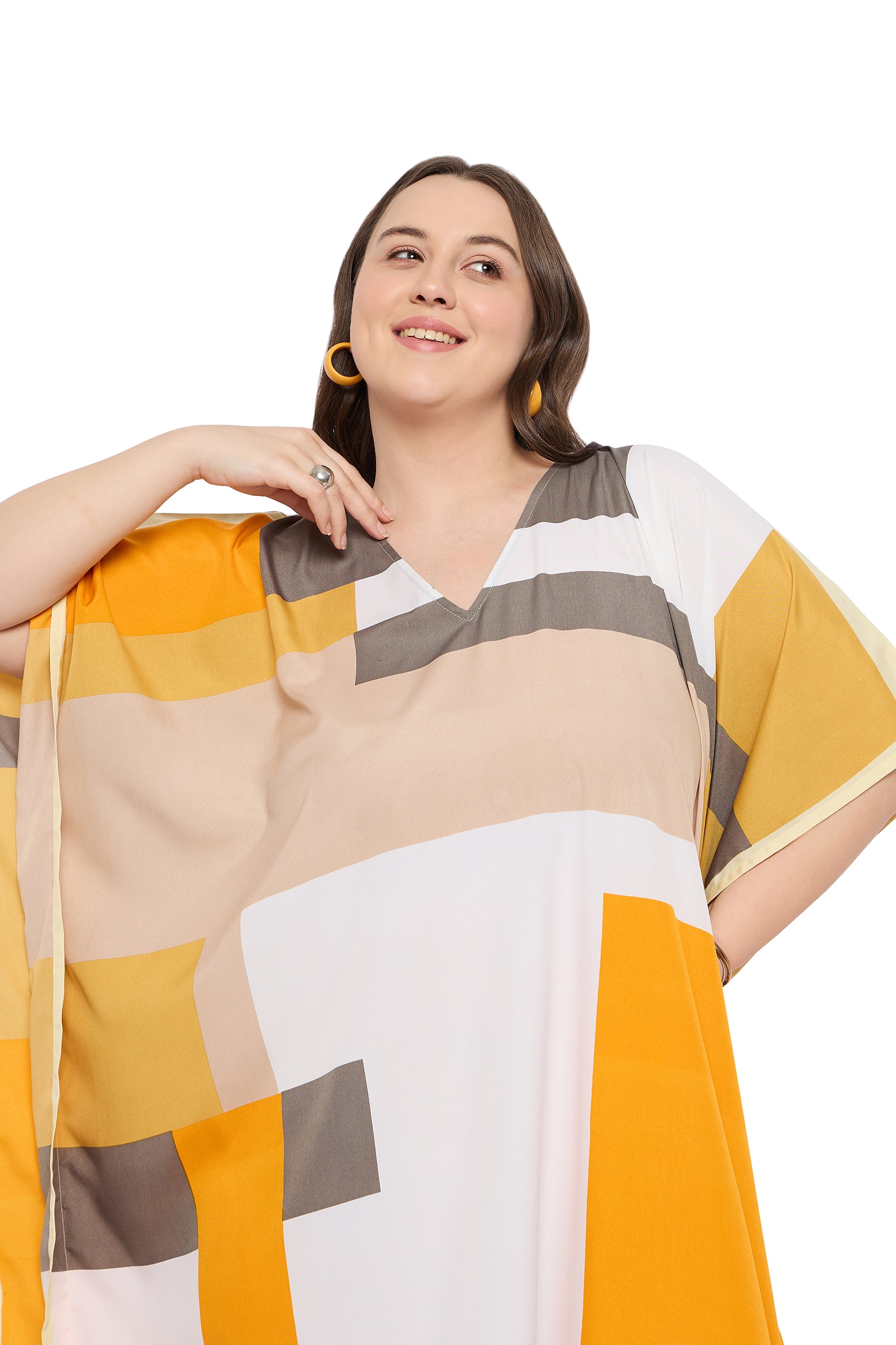 Multicolour Polyester Women Plus Size Long Kaftan Dress