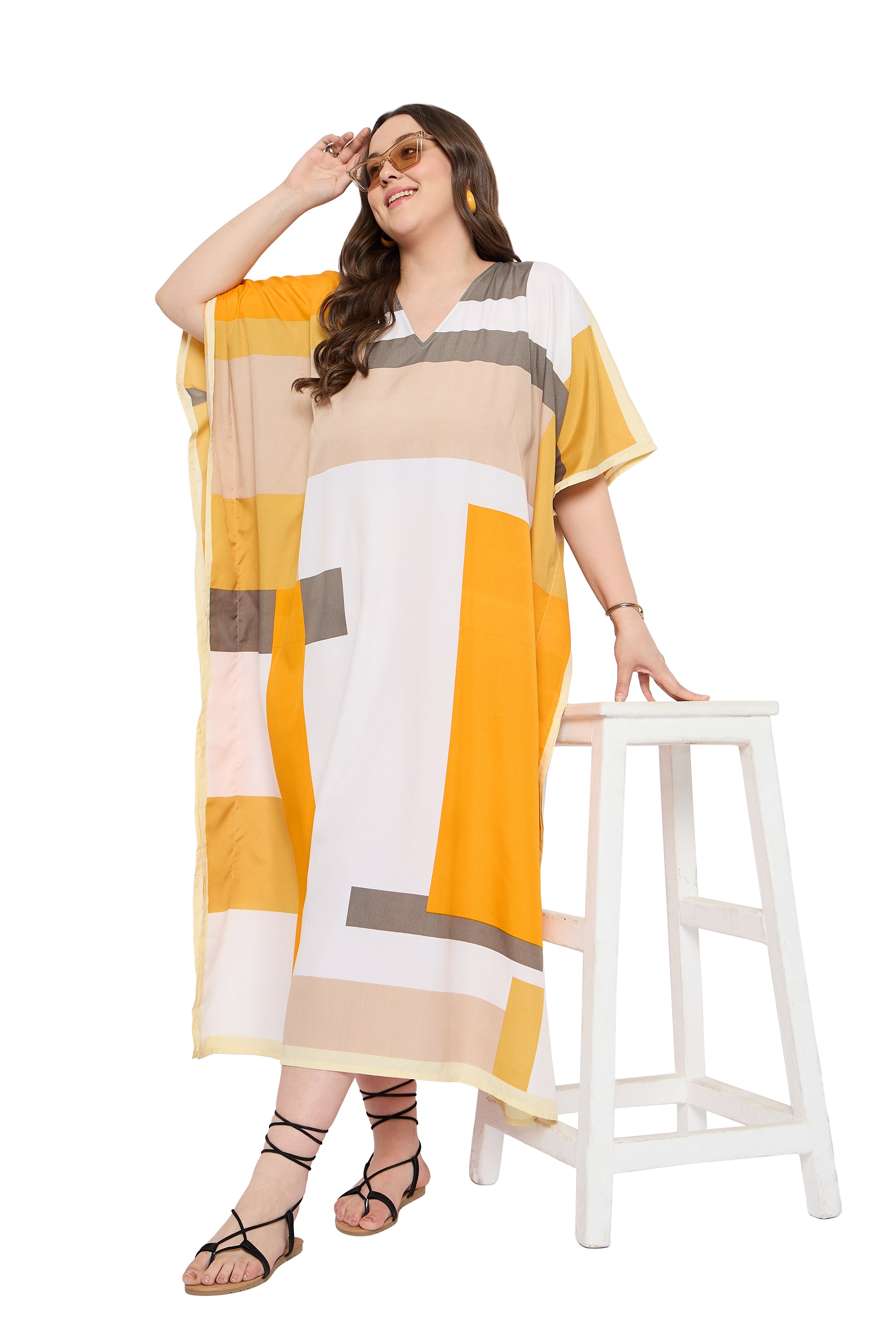 Multicolour Polyester Women Plus Size Long Kaftan Dress