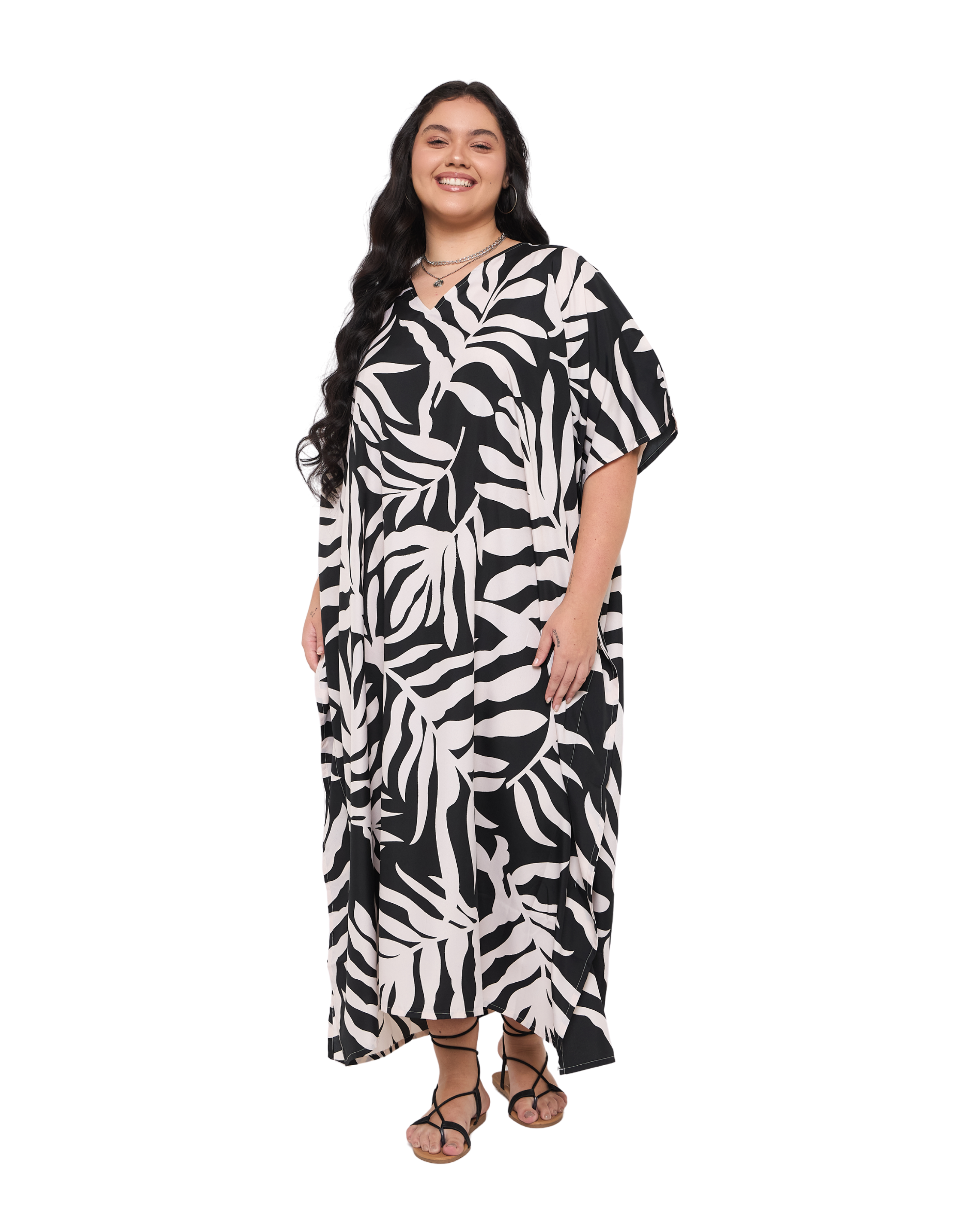 Tropical Leaves Black Polyester Plus Size Caftan Dress for Ladies