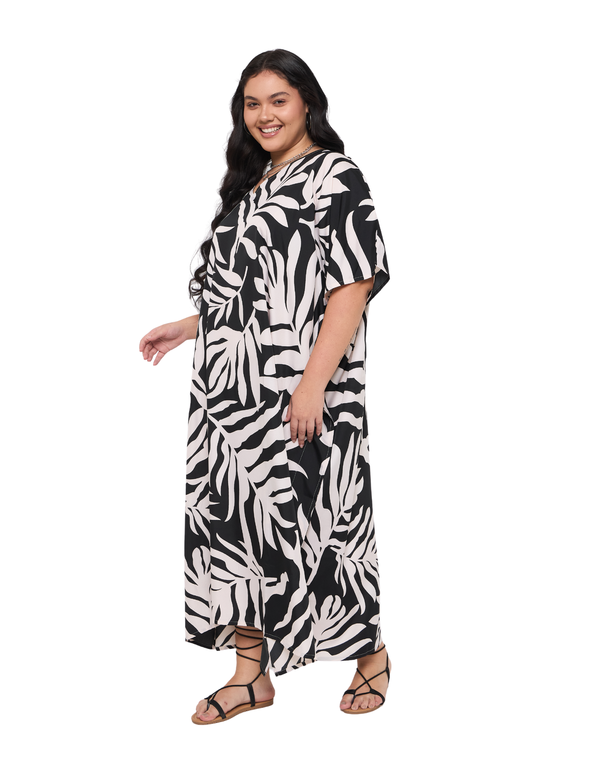 Tropical Leaves Black Polyester Plus Size Caftan Dress for Ladies