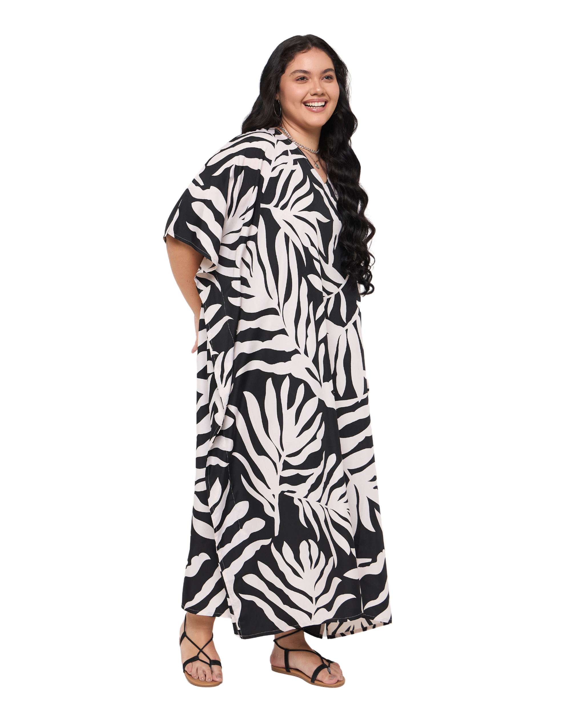 Tropical Leaves Black Polyester Plus Size Caftan Dress for Ladies