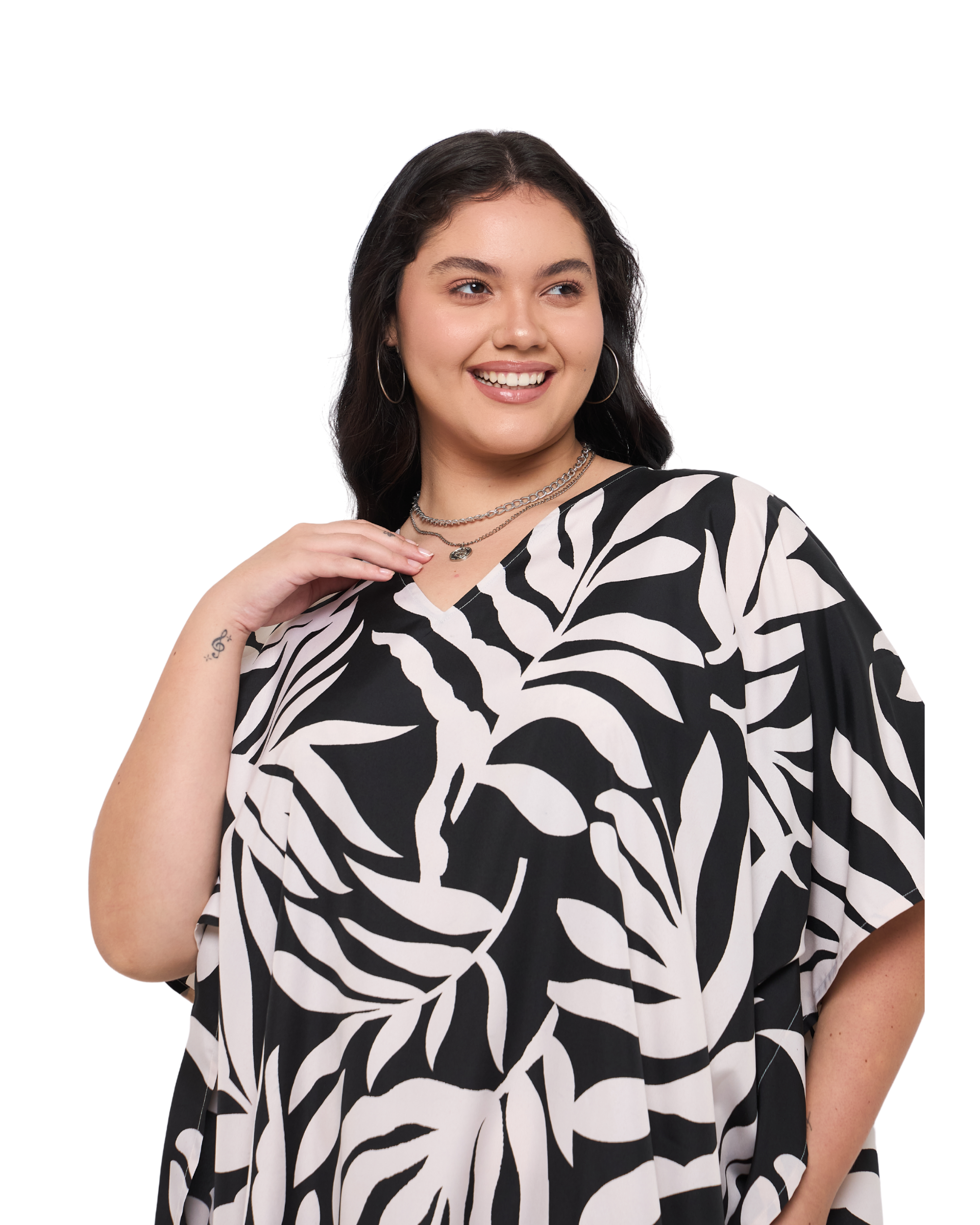 Tropical Leaves Black Polyester Plus Size Caftan Dress for Ladies