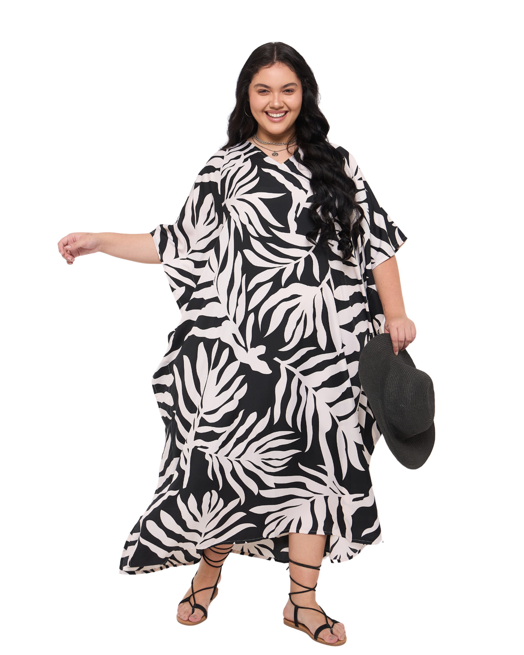 Tropical Leaves Black Polyester Plus Size Caftan Dress for Ladies