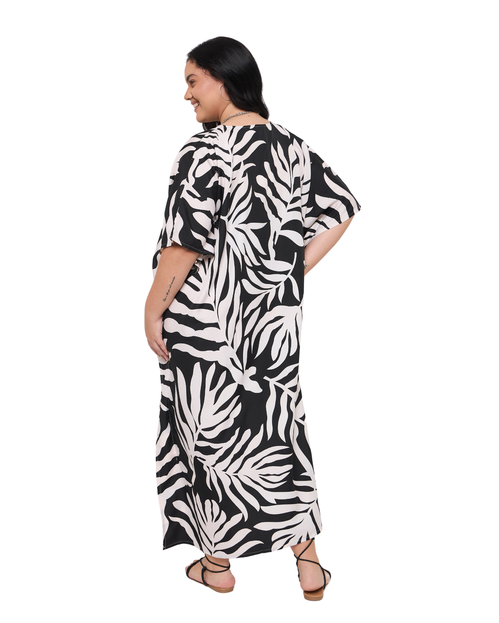 Tropical Leaves Black Polyester Plus Size Caftan Dress for Ladies