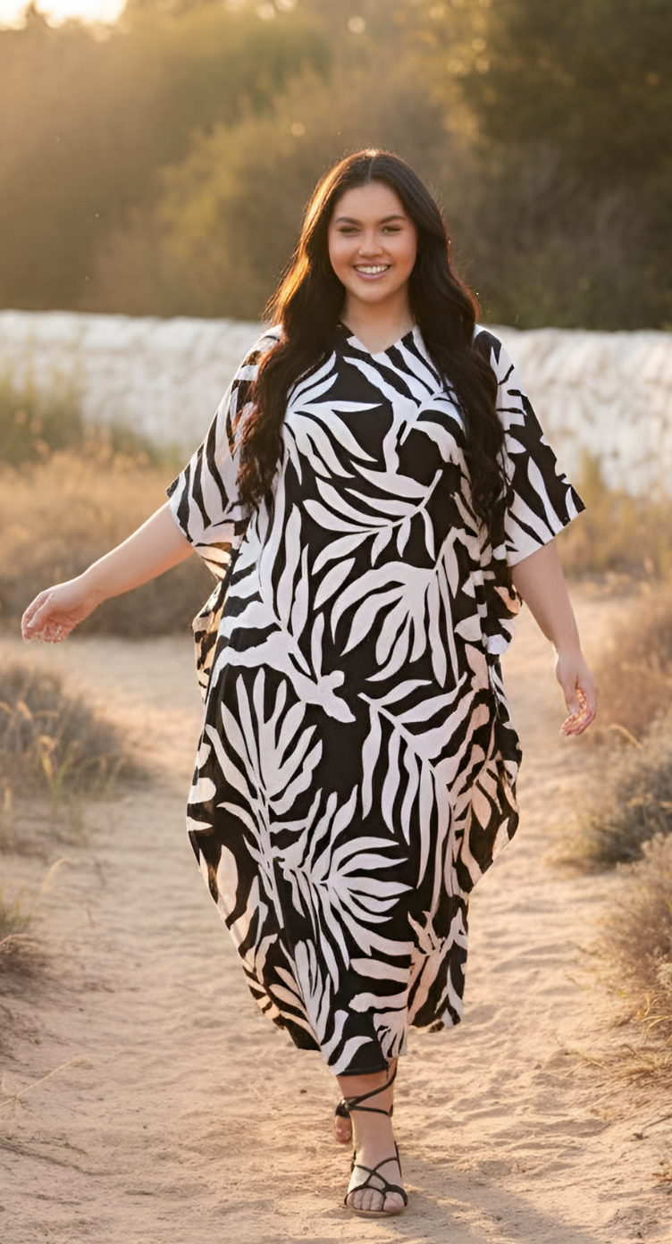Tropical Leaves Black Polyester Plus Size Caftan Dress for Ladies
