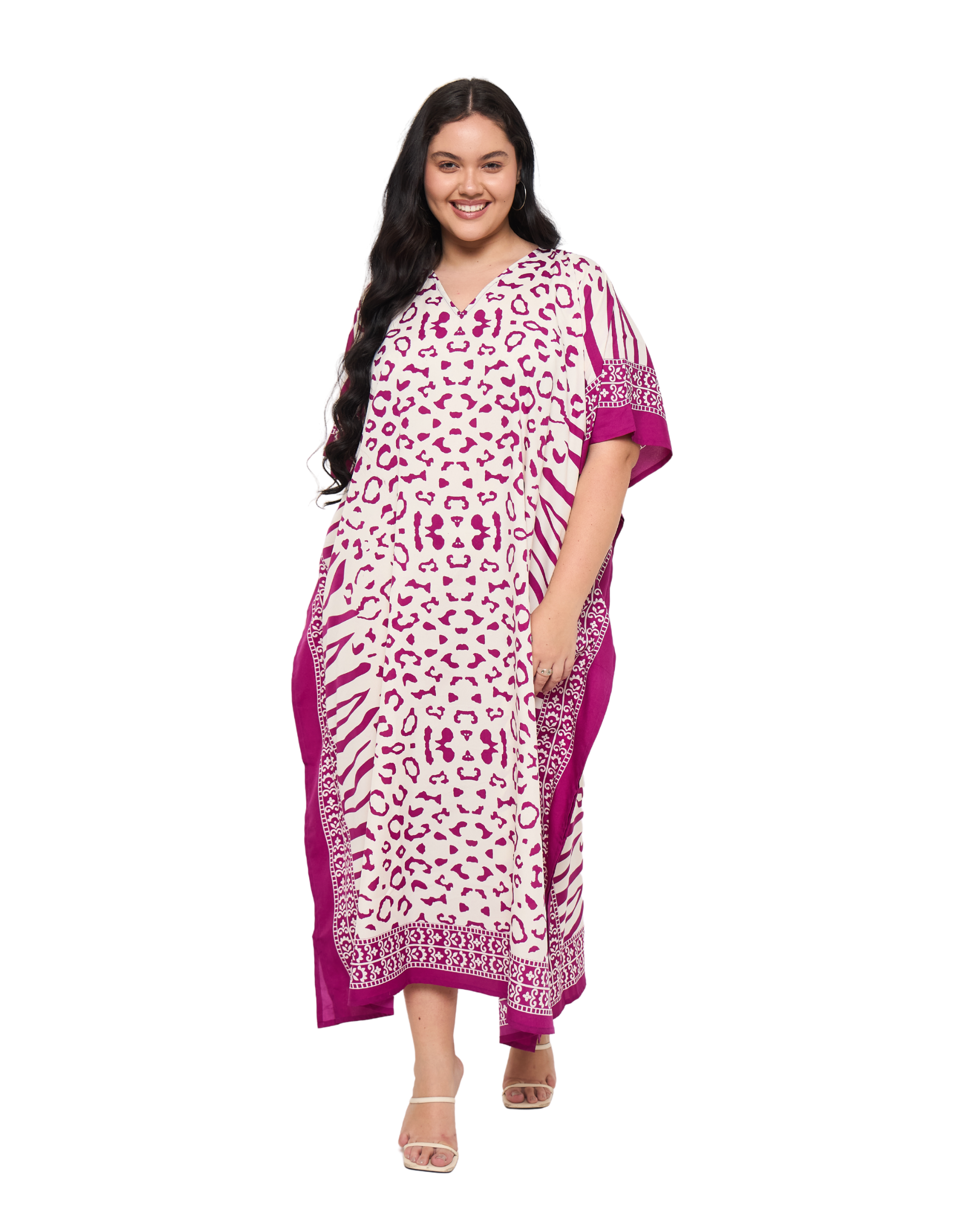 Leopard Print Off-White Polyester Women Plus Size Beach Kaftan Dress