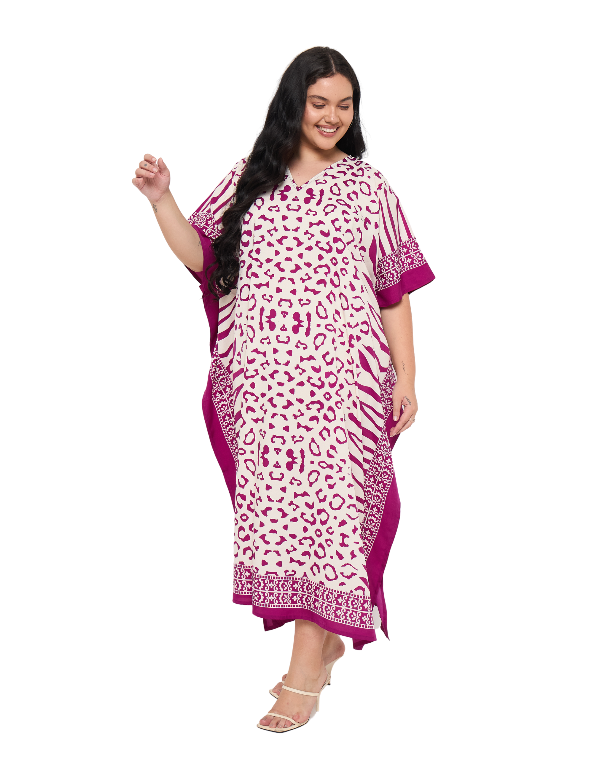 Leopard Print Off-White Polyester Women Plus Size Beach Kaftan Dress