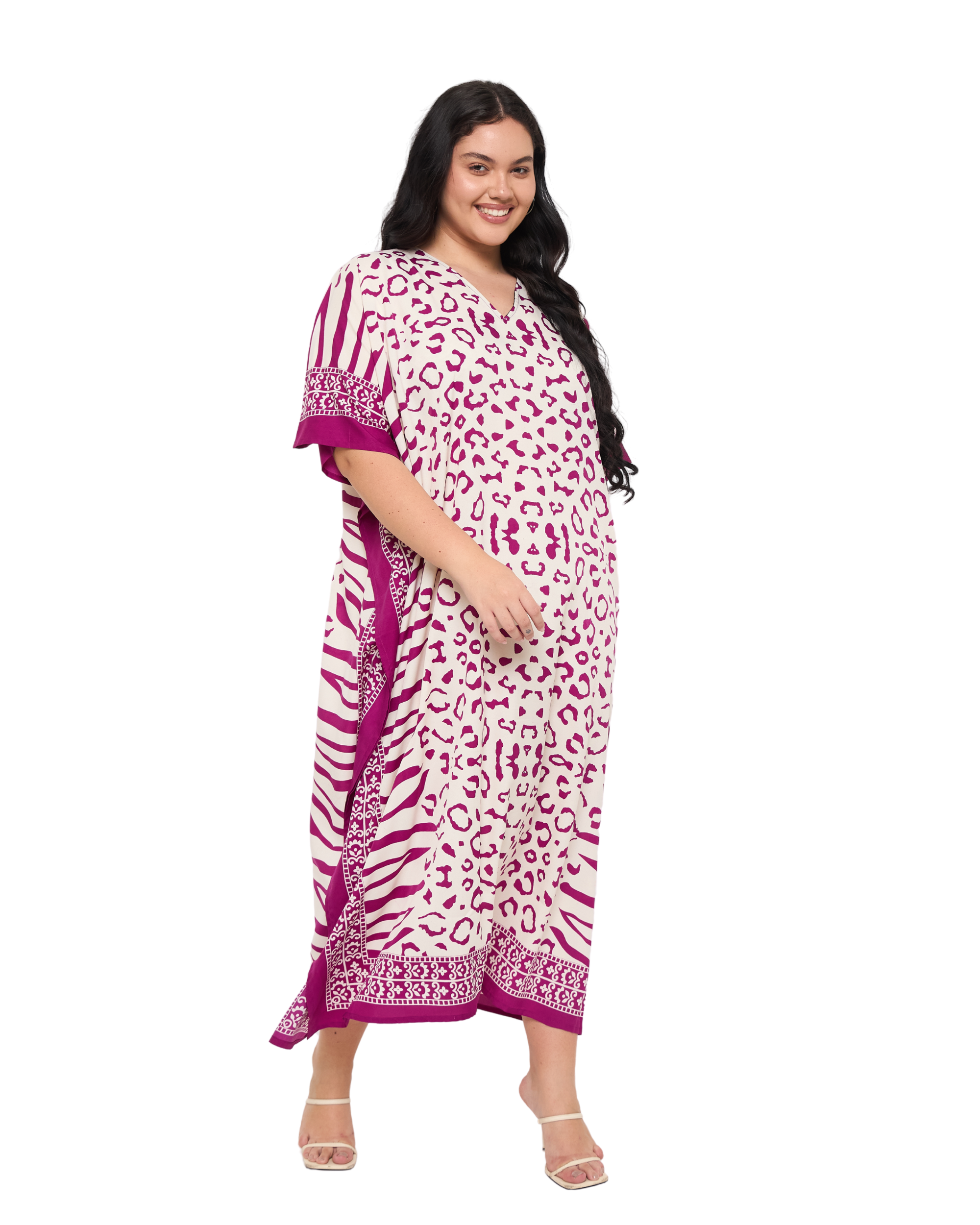 Leopard Print Off-White Polyester Women Plus Size Beach Kaftan Dress