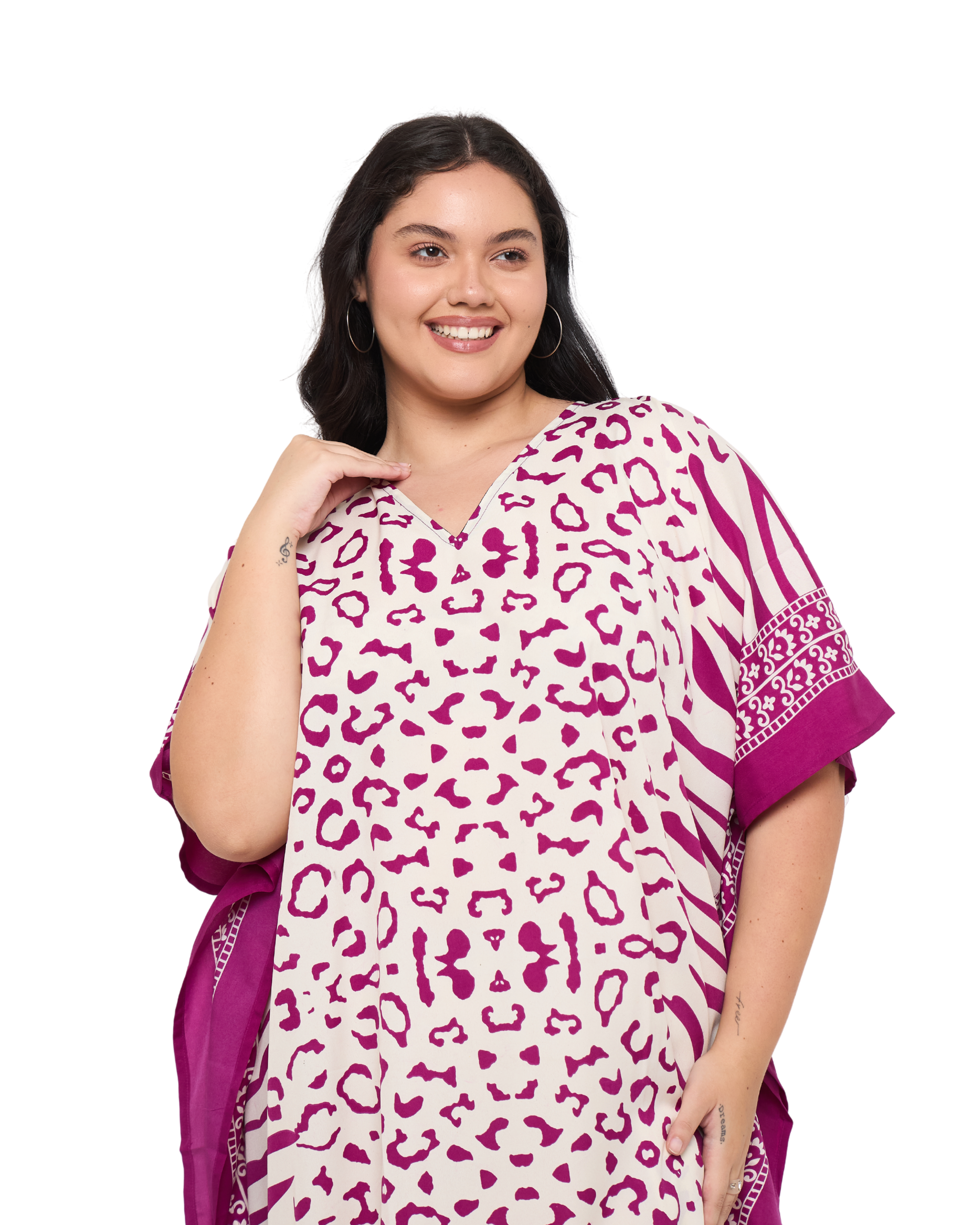 Leopard Print Off-White Polyester Women Plus Size Beach Kaftan Dress