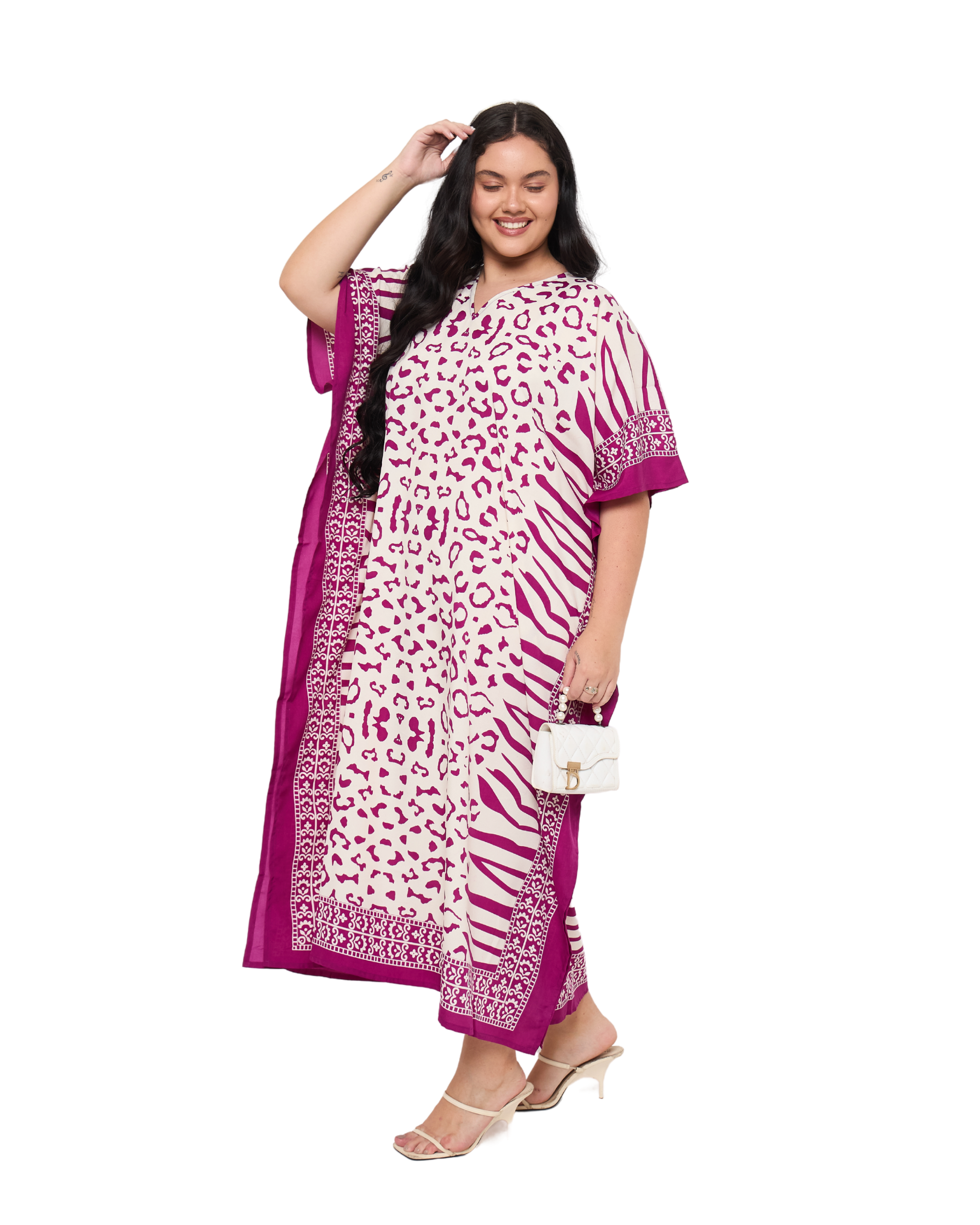 Leopard Print Off-White Polyester Women Plus Size Beach Kaftan Dress