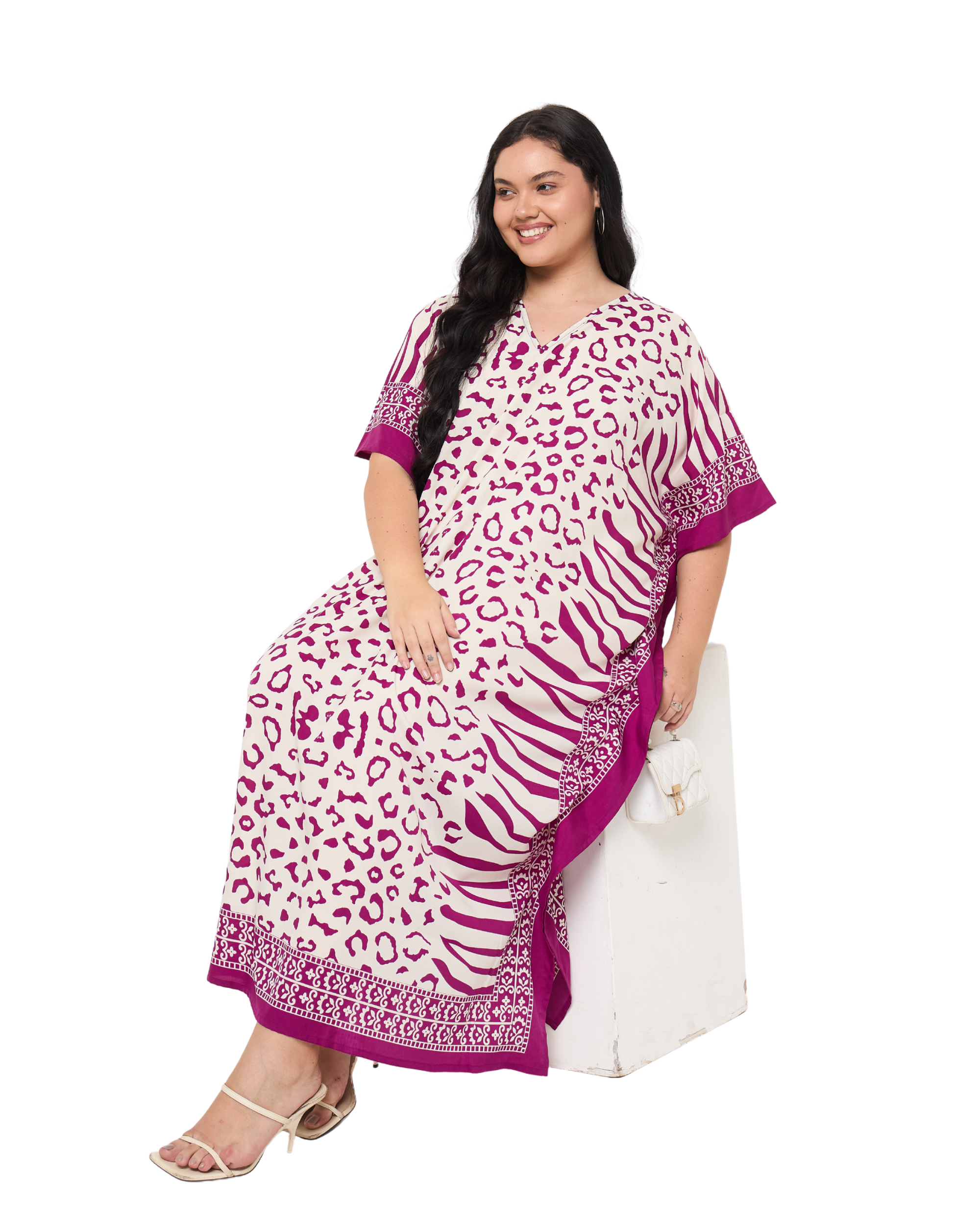 Leopard Print Off-White Polyester Women Plus Size Beach Kaftan Dress