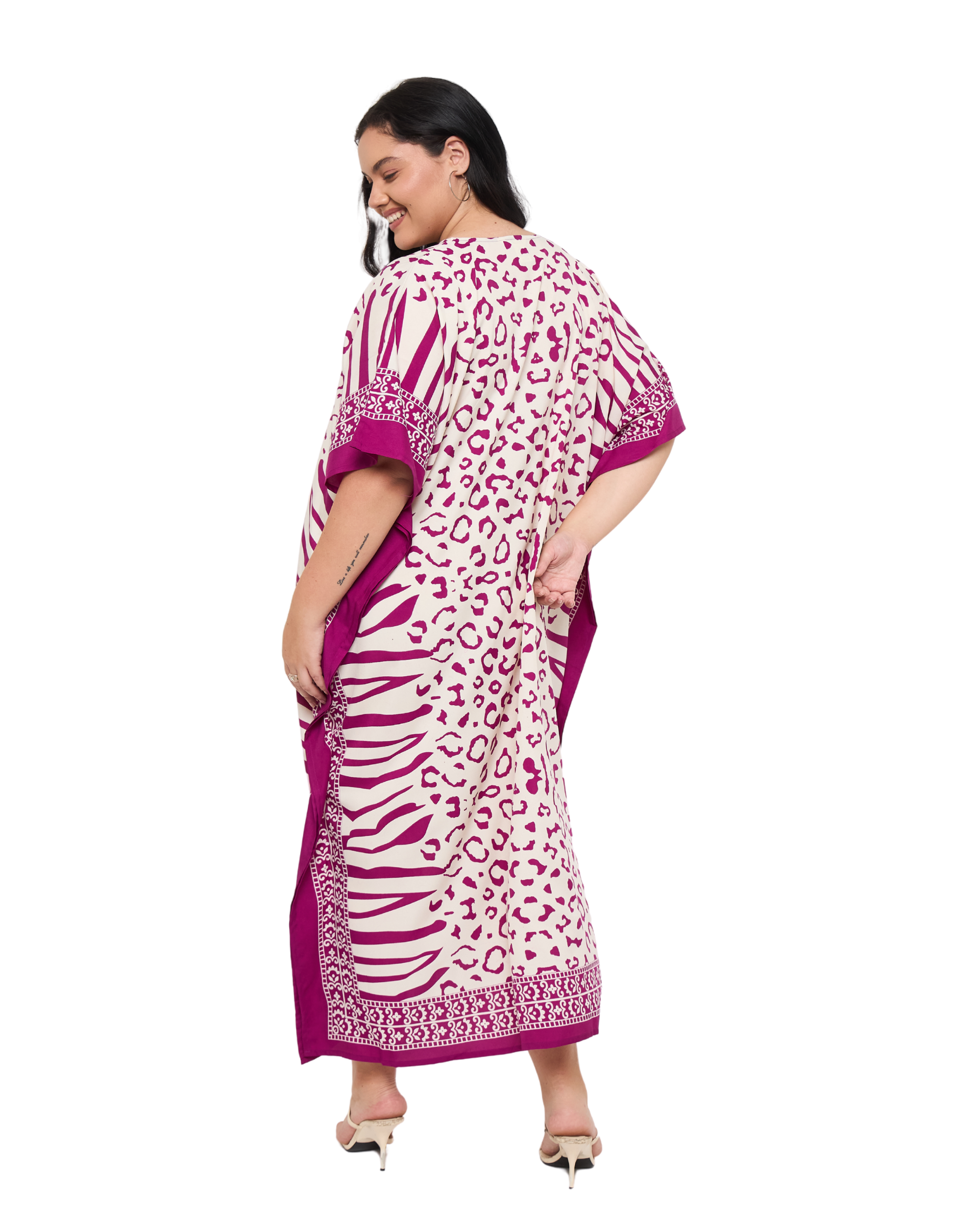 Leopard Print Off-White Polyester Women Plus Size Beach Kaftan Dress