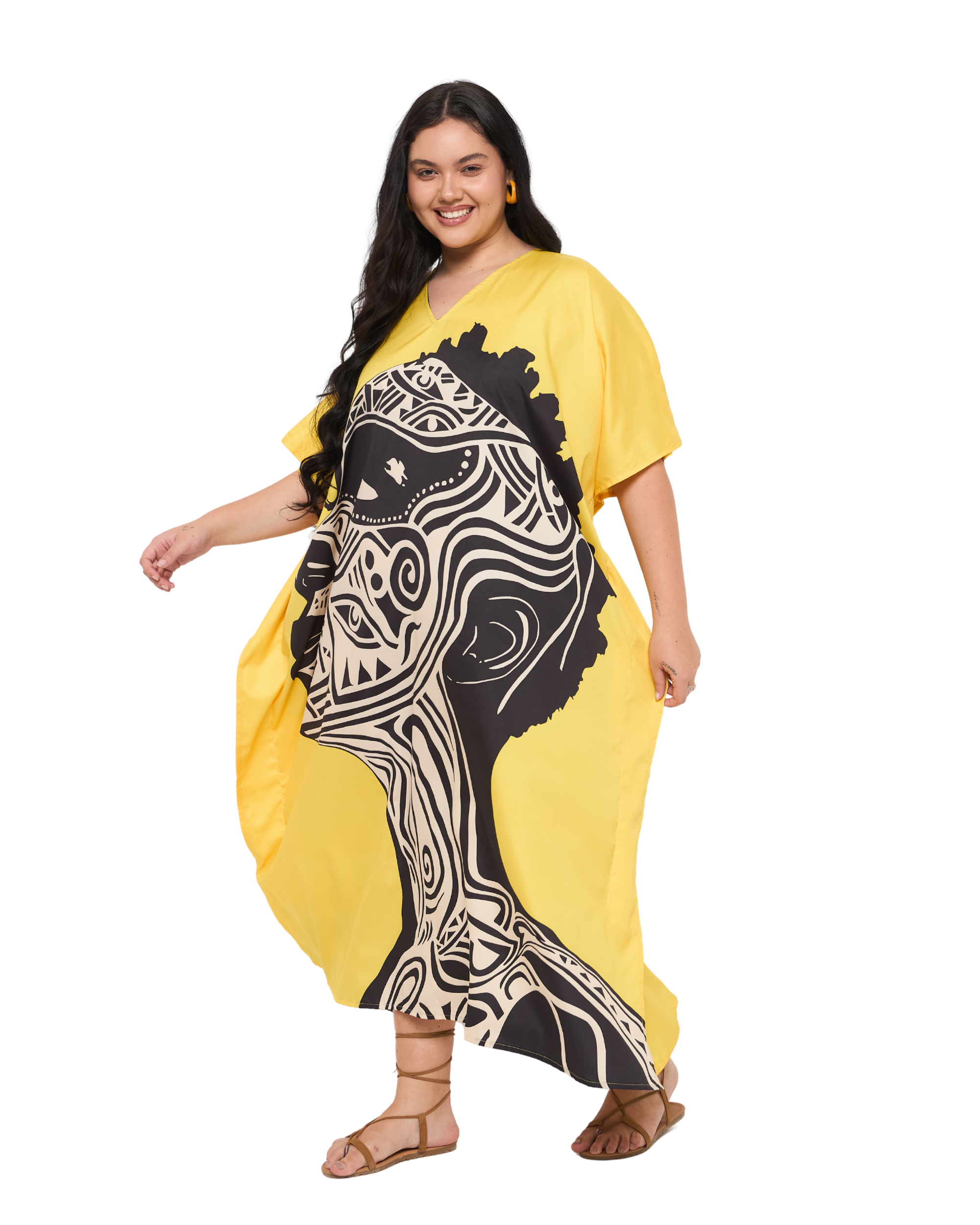 Tribal Yellow Polyester Women Plus Size House Kaftan Dress