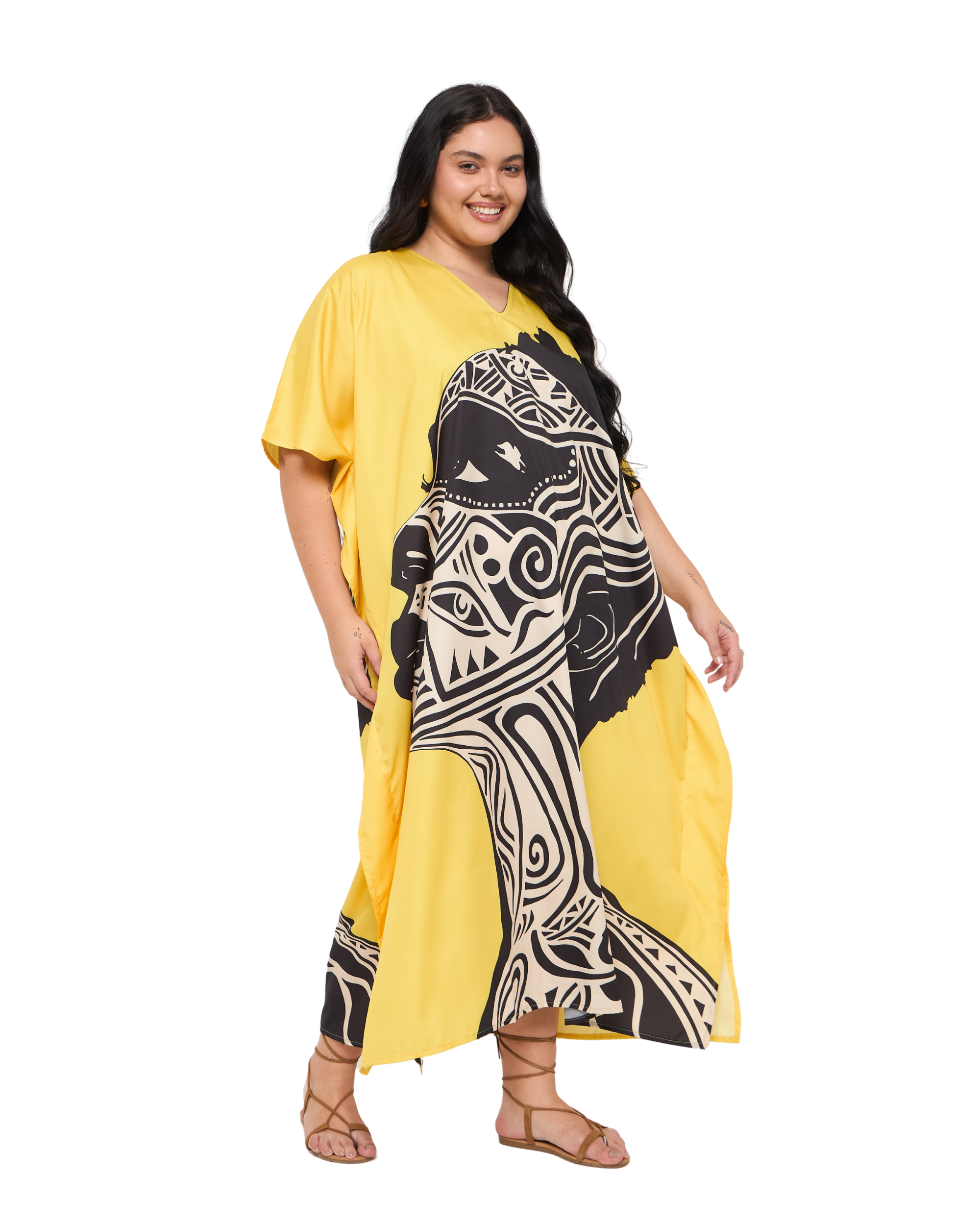 Tribal Yellow Polyester Women Plus Size House Kaftan Dress
