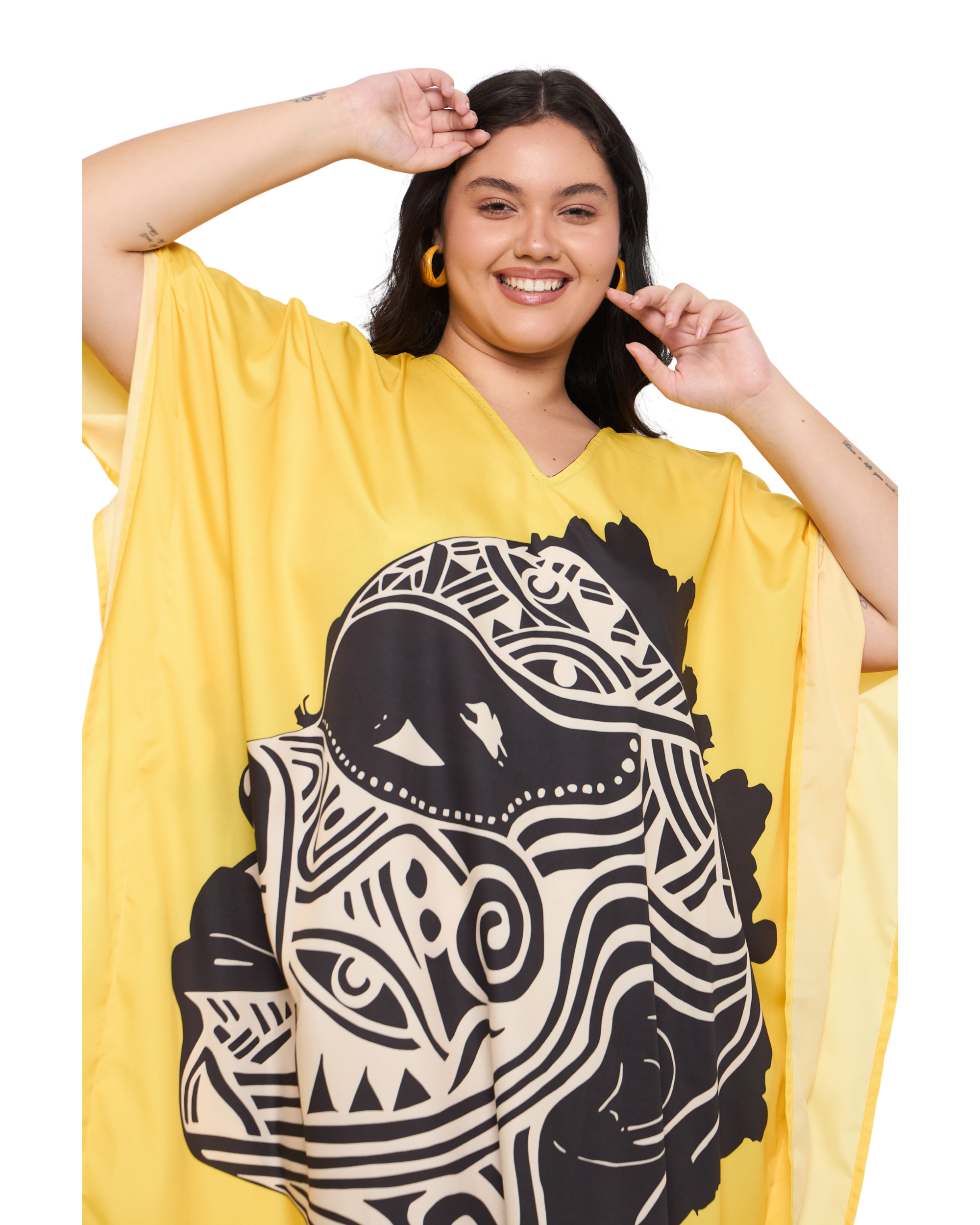 Tribal Yellow Polyester Women Plus Size House Kaftan Dress