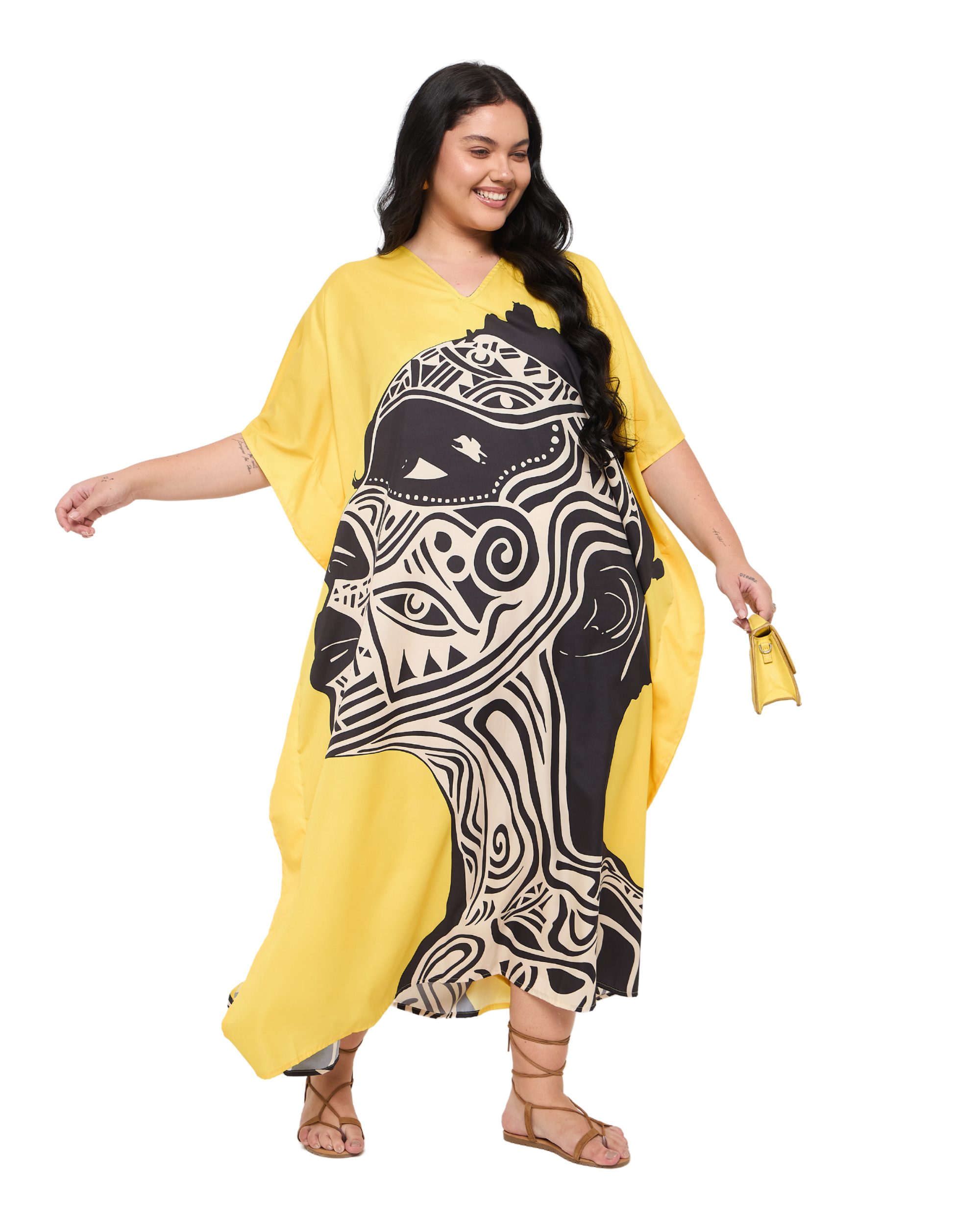 Tribal Yellow Polyester Women Plus Size House Kaftan Dress