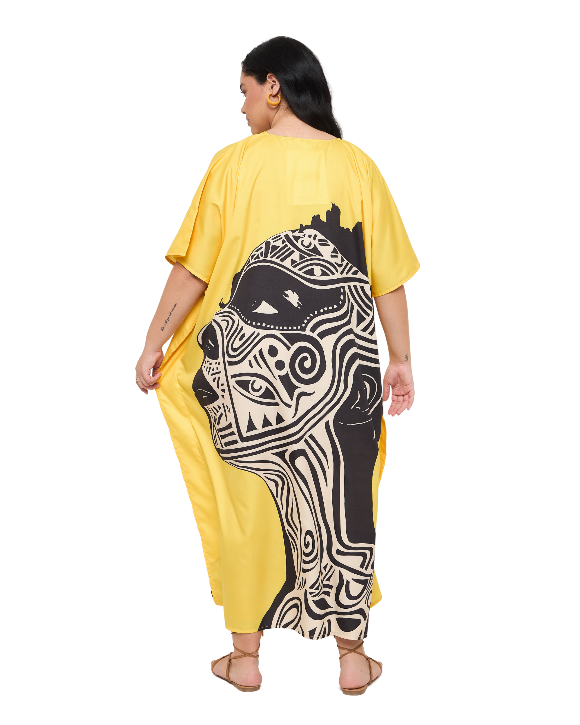 Tribal Yellow Polyester Women Plus Size House Kaftan Dress