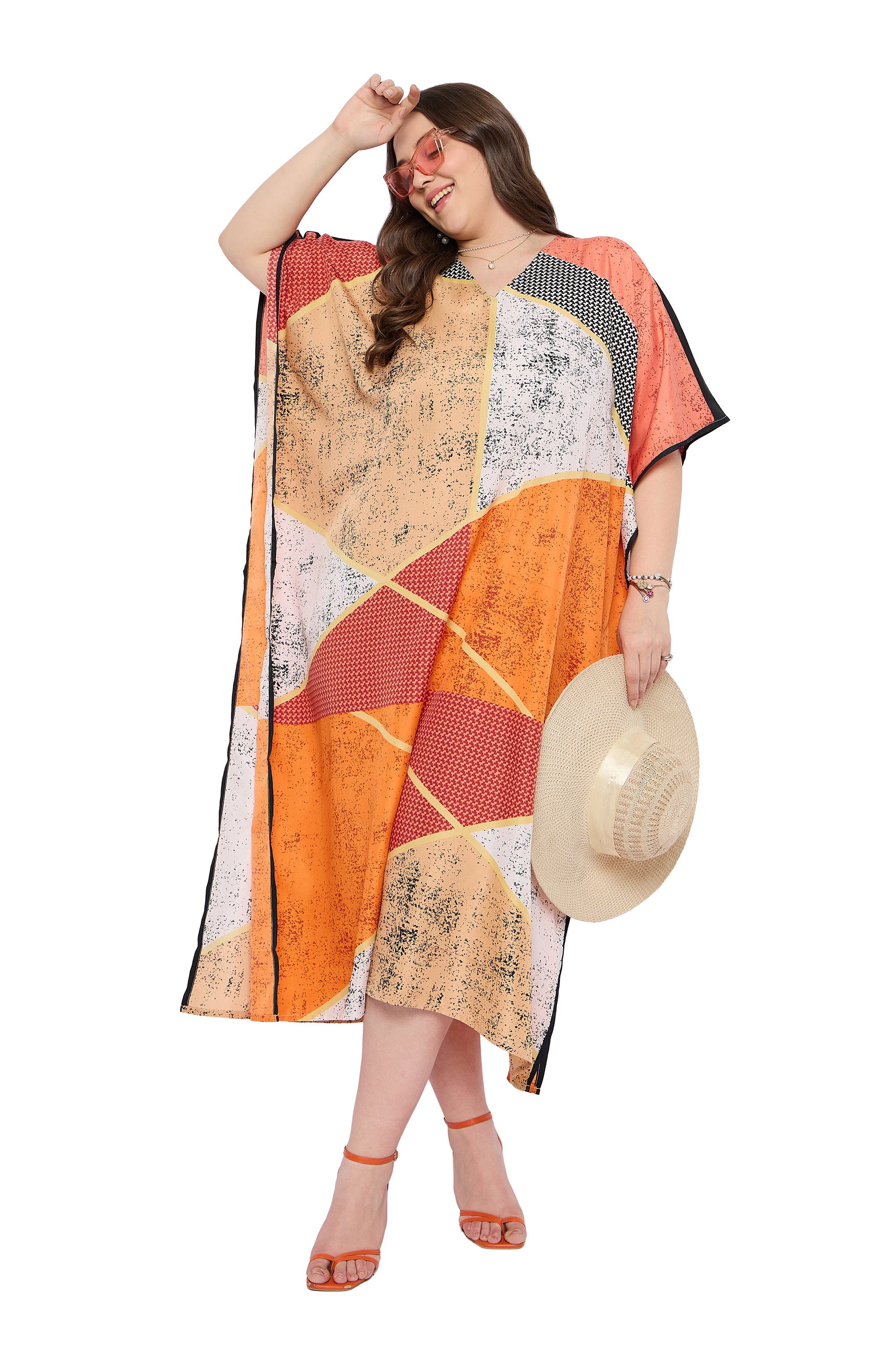 Orange Polyester Plus Size Loungewear Caftan Dress for ladies