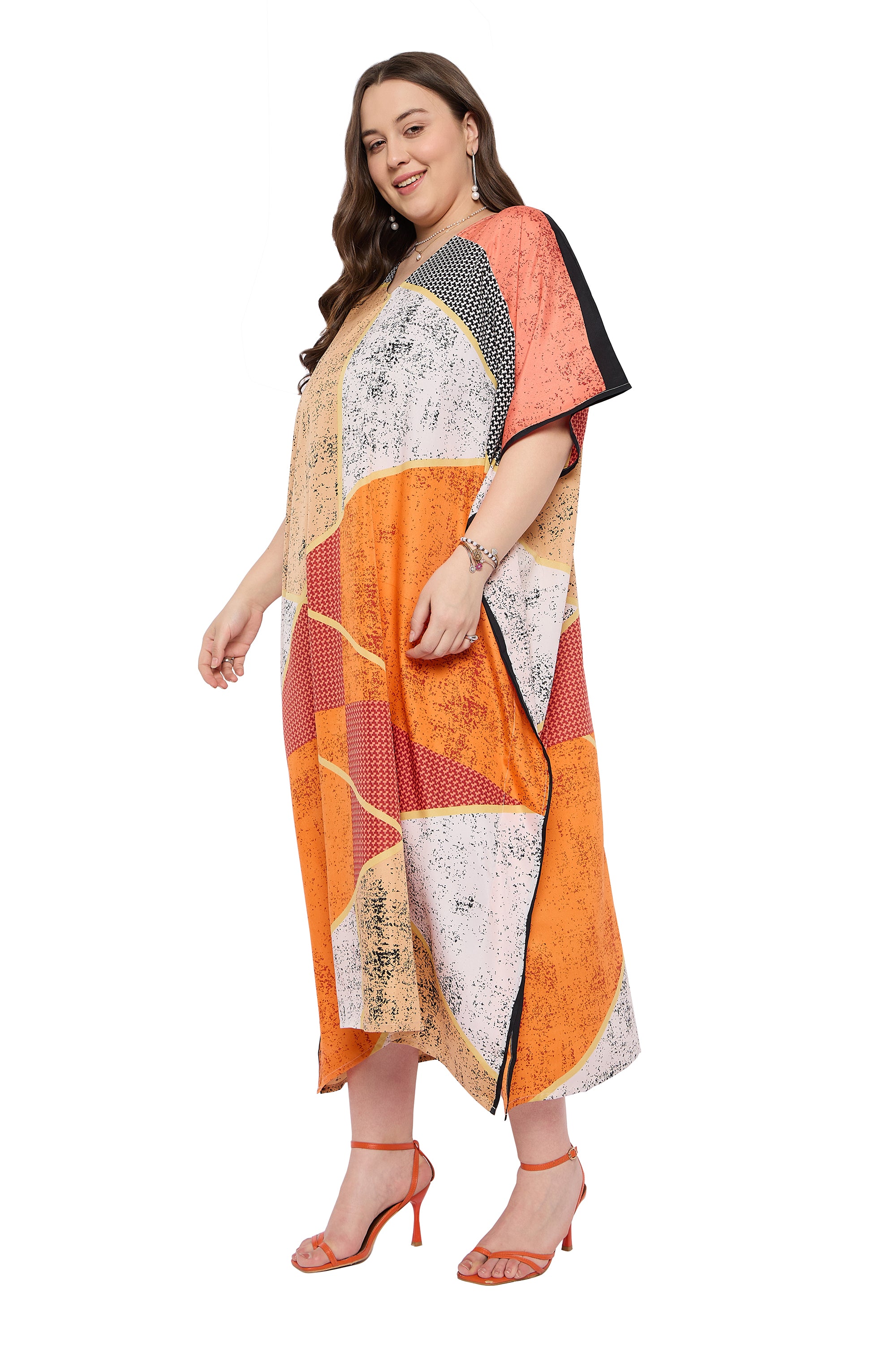 Orange Polyester Plus Size Caftan Dress for ladies