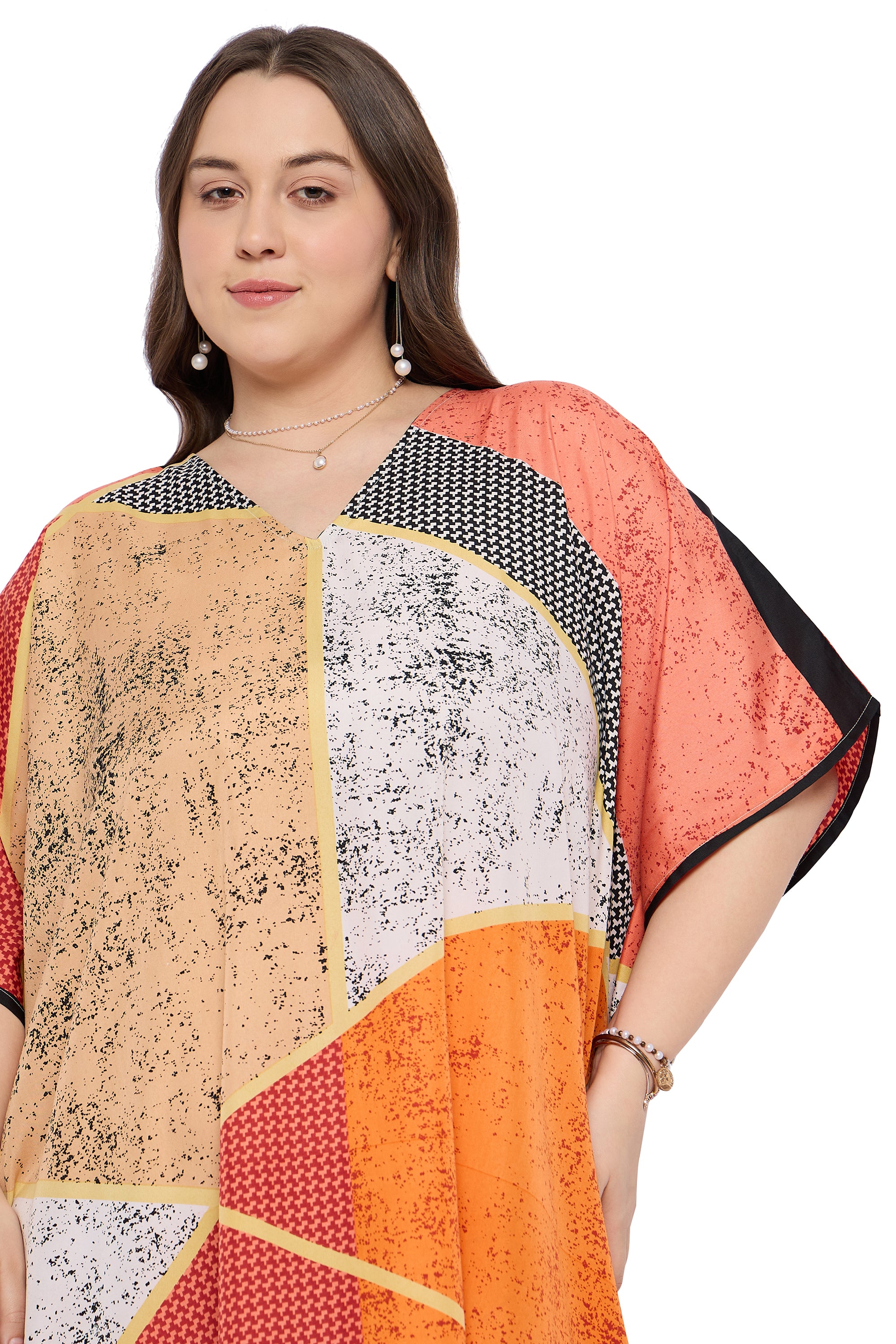 Orange Polyester Plus Size Caftan Dress for ladies