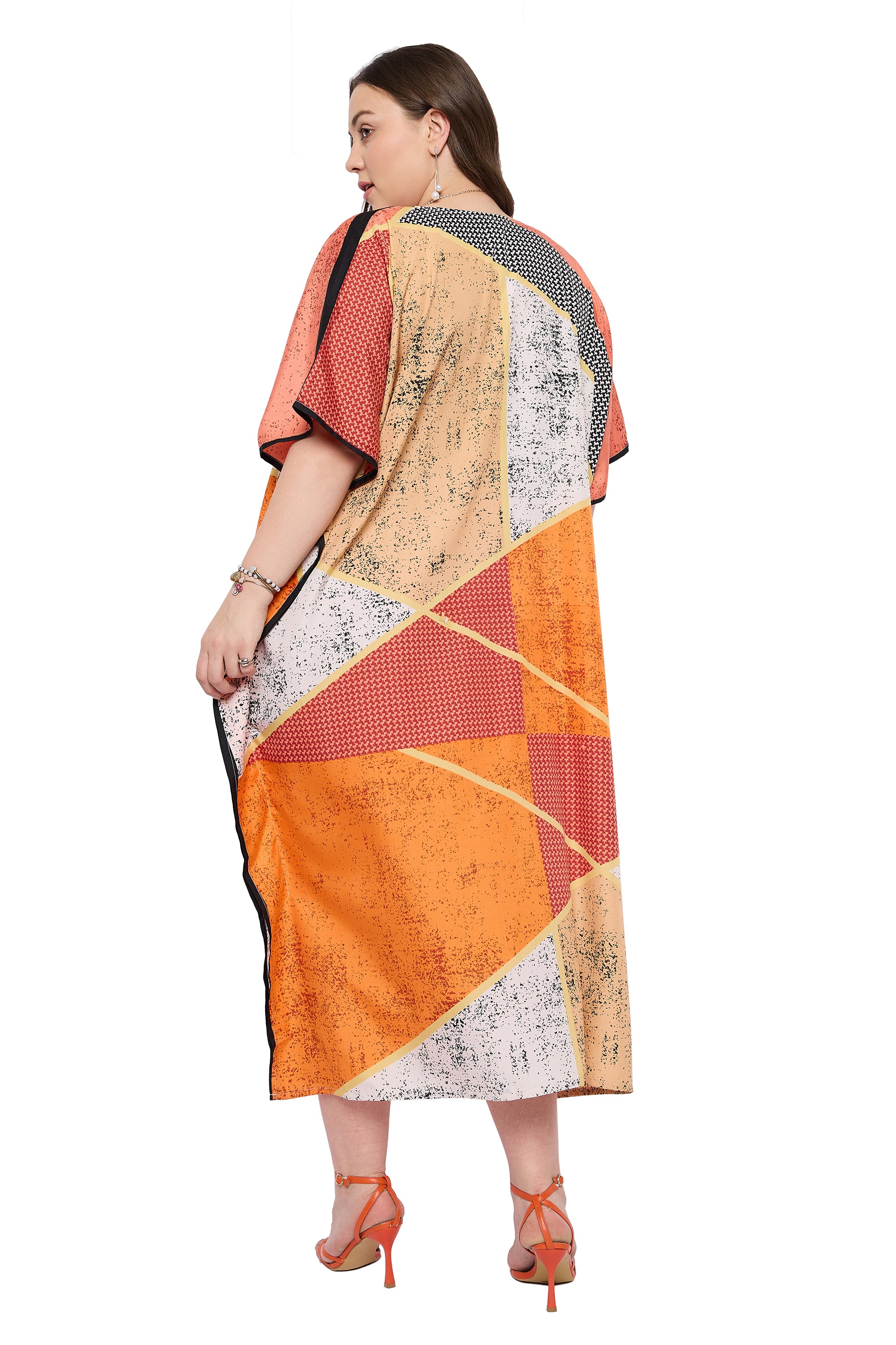 Orange Polyester Plus Size Caftan Dress for ladies