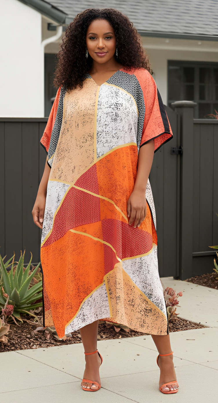 Orange Polyester Plus Size Caftan Dress for ladies